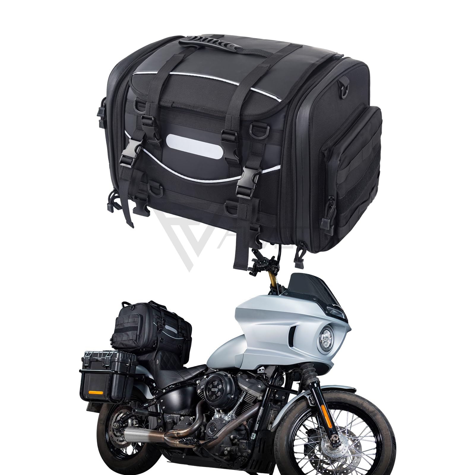 Fvmoto Universal Motorcycle Travel Luggage, Expandable Tail Bag 40-60L(10-15 Gallon), All Weather Rack Bag, Sissy Bar Bags, Helm