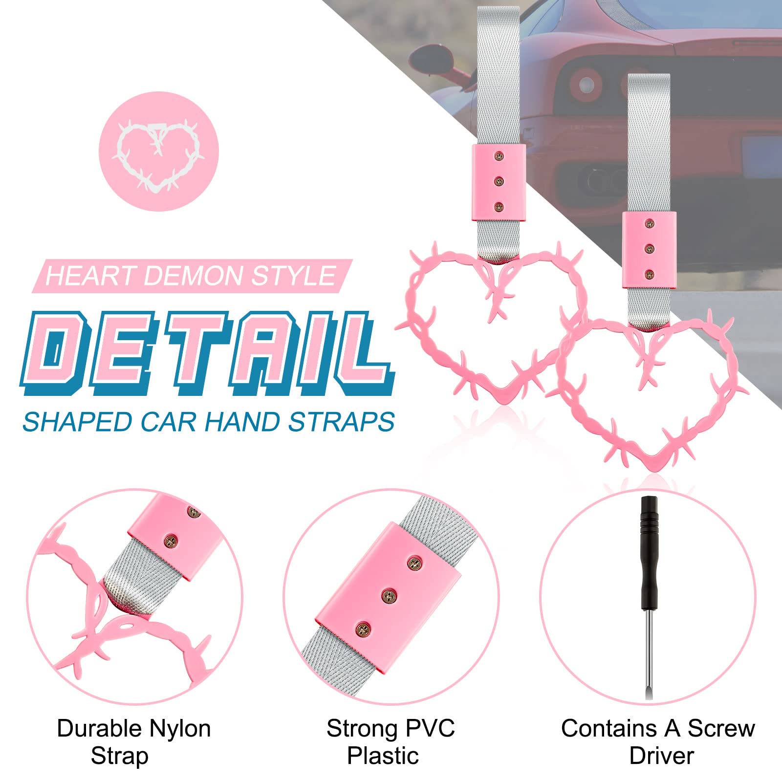 Fabbay Heart Handle Keychains - PVC & Nylon Car Accessories, 9.25x3.74in, Pink, Thorns Style, Perfect for Interior & Exterior Decoration