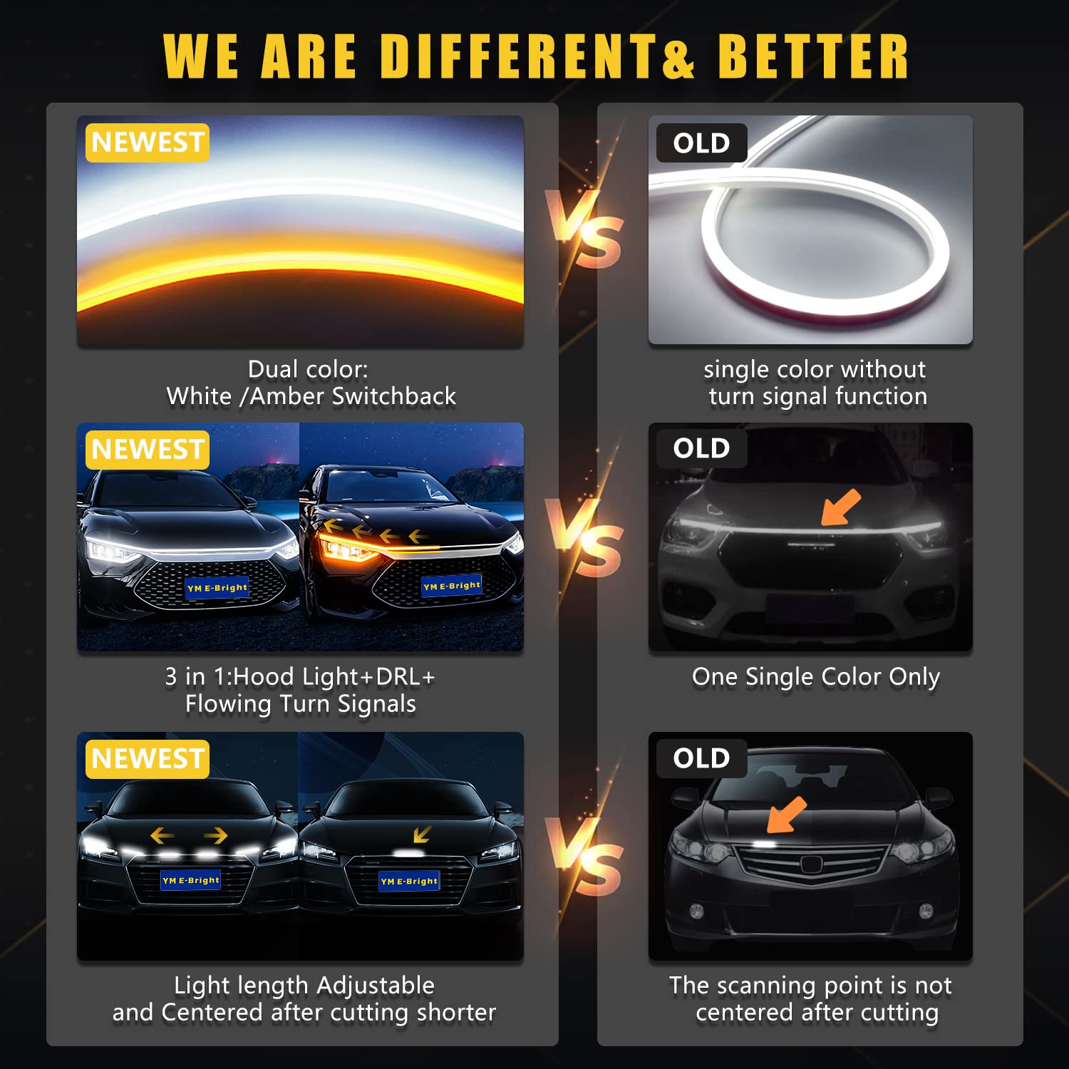 YM E-Bright Dynamic Scan LED Light Strip - 70" Flexible Amber/White Switchback DRL for Cars, Silicone Gel Material