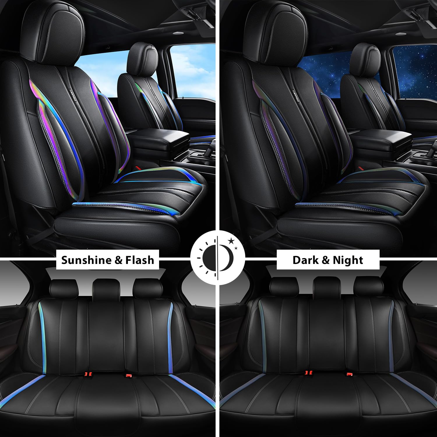 CAR PASS Nappa Leather Car Seat Covers, Full Set, Waterproof, Black Chameleon Iridescent, Model SJ005T2-LA0XC-PUQB5NH22G