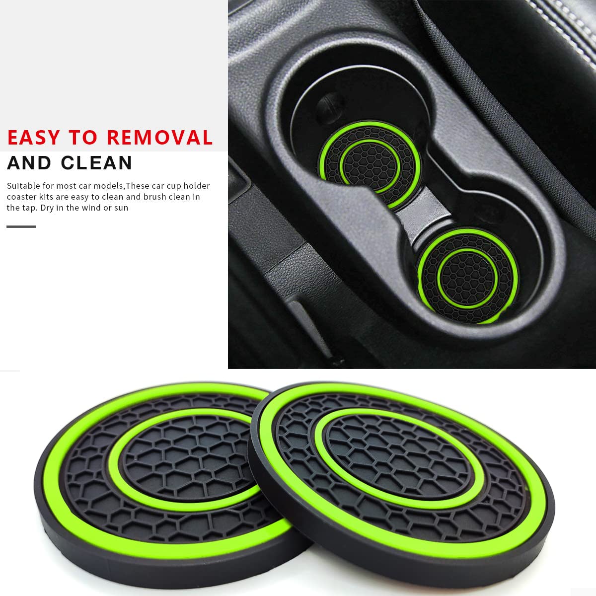Auprite Car Cup Holder Coasters, 2 Pack Universal Auto Anti Slip Cup Holder Insert Coaster, Car Interior Accessories (Green)