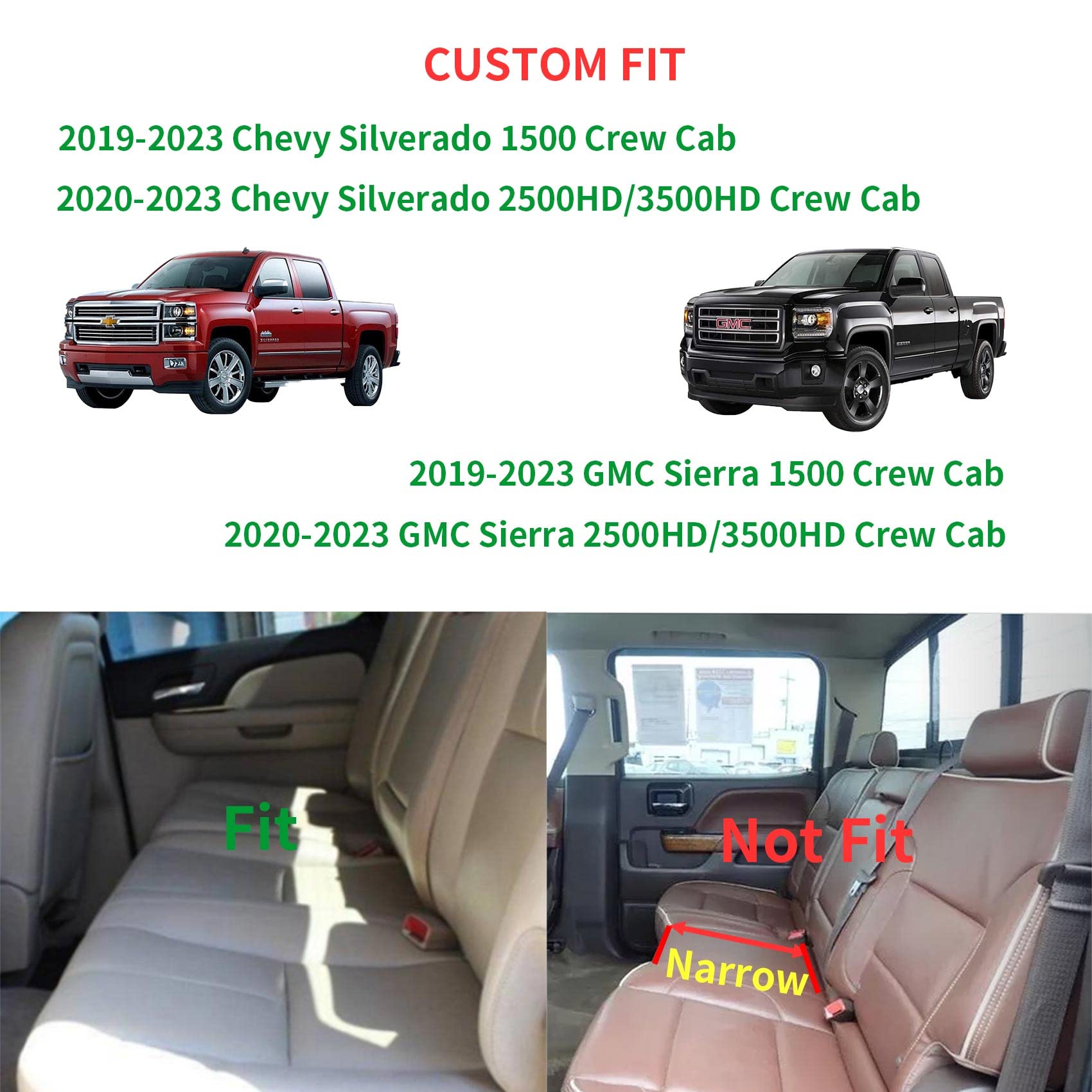 Luckyman Club D04-S2-2 Silverado Seat Covers, Fit For 2019-2023 Chevy Silverado Gmc Sierra 1500 And 2020-2023 2500Hd 3500Hd Crew Cab Water Proof Faux Leather With Center Console Cover(Full Set, Black)