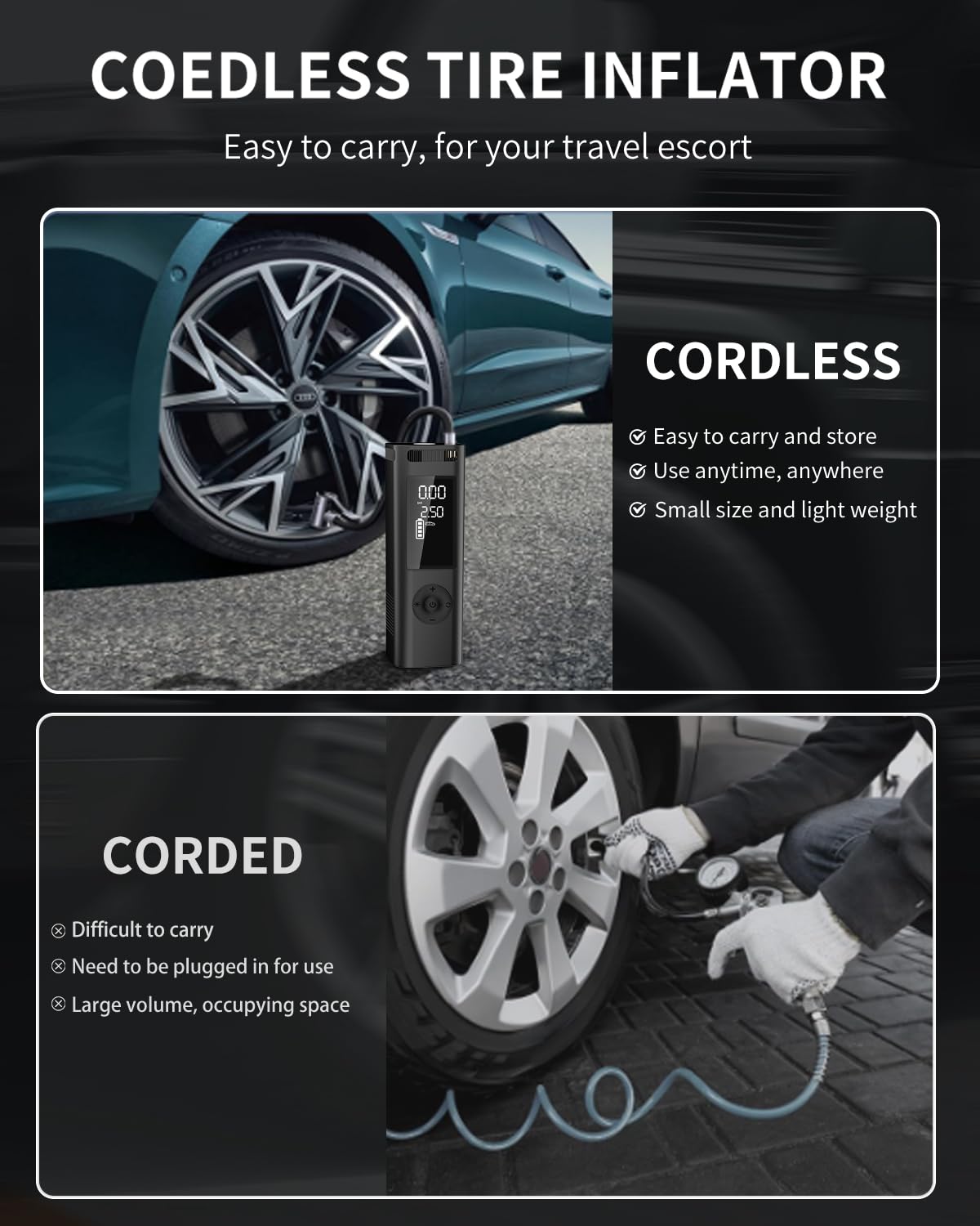 Tire Inflator Portable Air Compressor - 150PSI 4x Faster Portable Tire Inflator for Car - Air Pump For Car Tires with Digital Pr