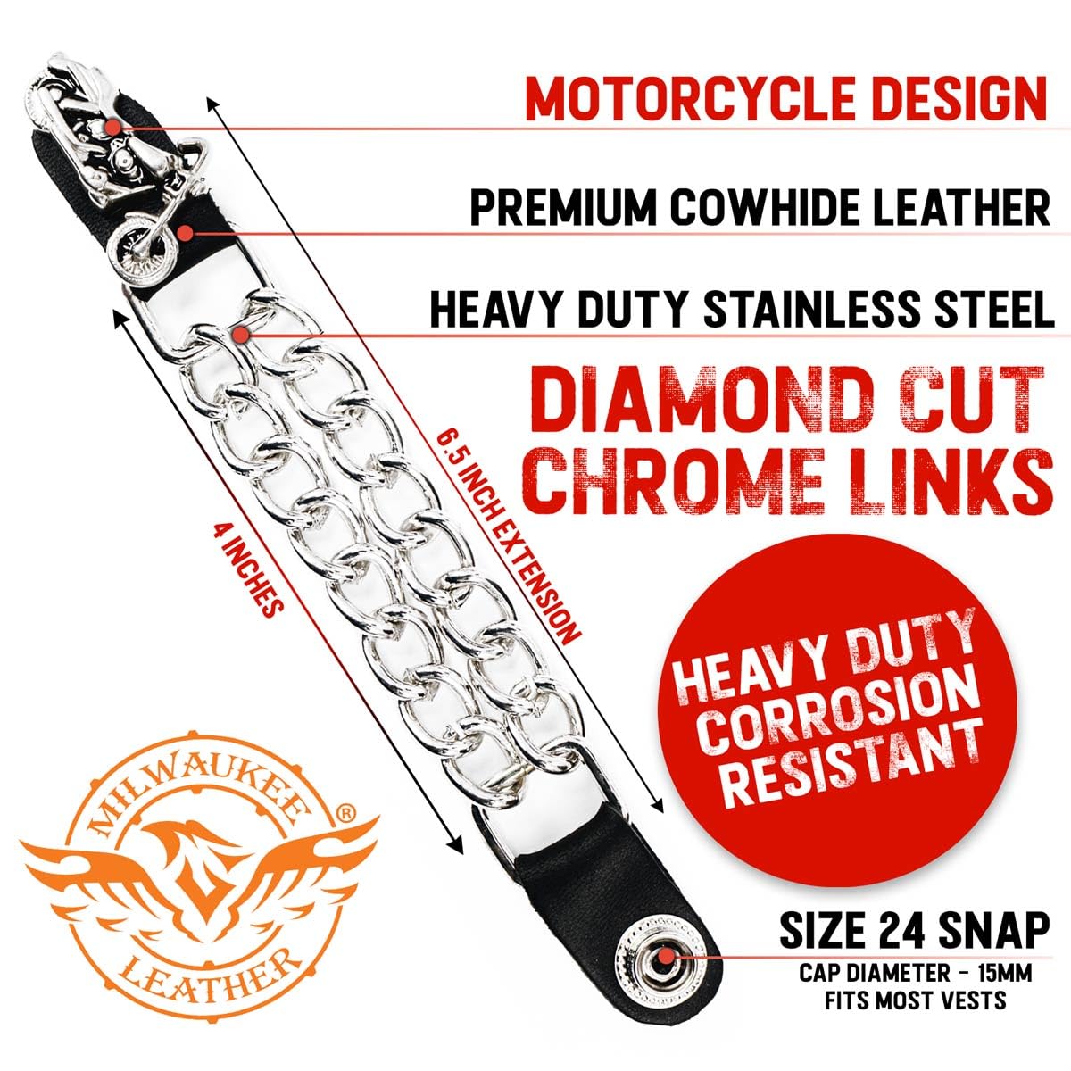 Milwaukee Leather Motorcycle Medallion Vest Extender - Double Chrome Chains Genuine Leather 6.5 Extension 4-PCS MLA6006SET - 4