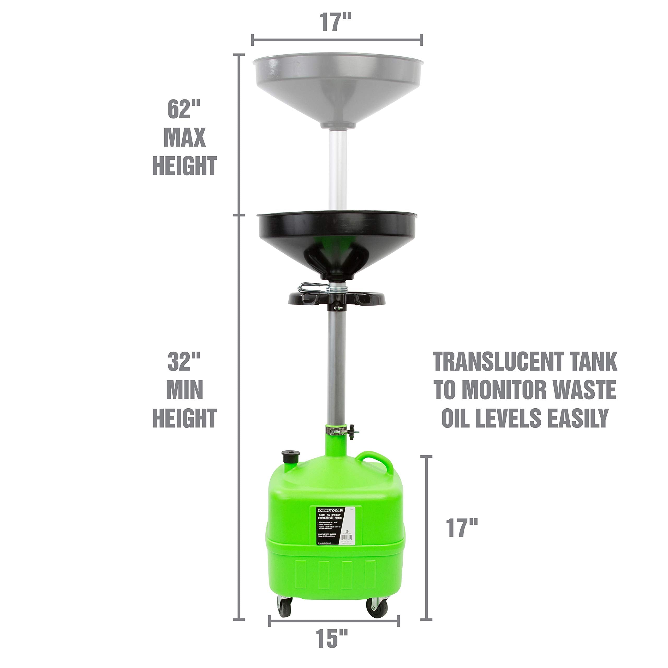 OEMTOOLS 87032 Oil Drain Pan, 9 Gallon Capacity, Adjustable Height, Portable with 17" Funnel, Green, One Size