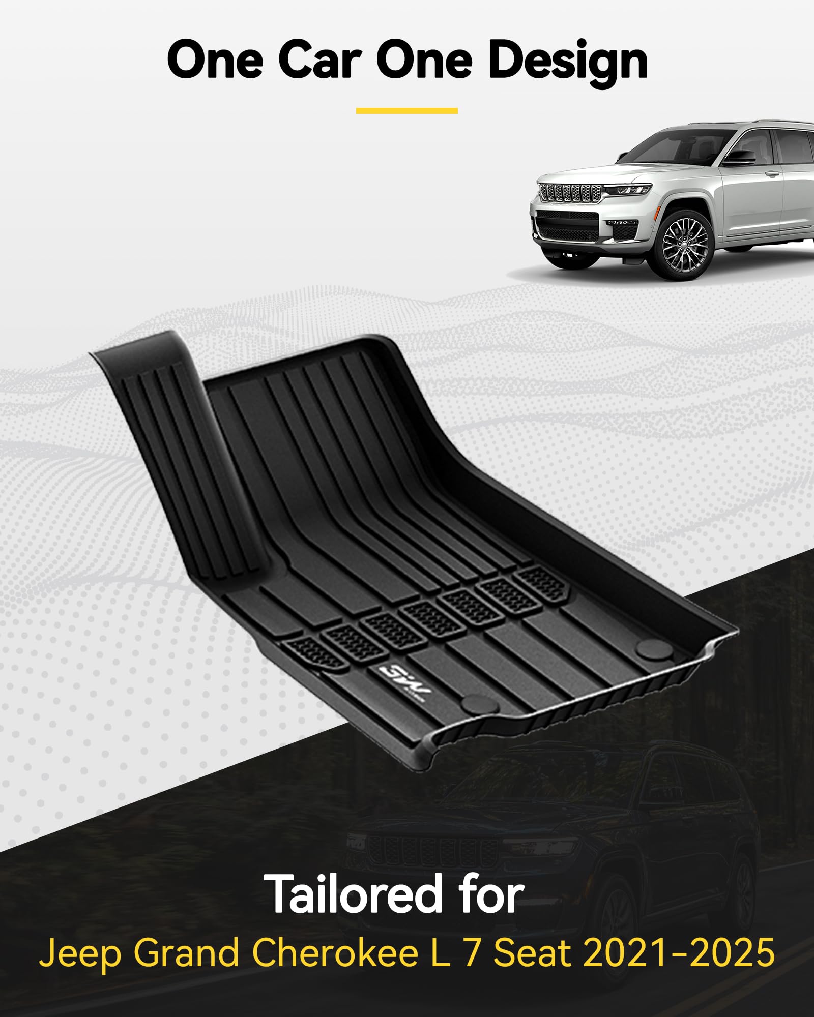 3W Custom Fit Floor Mats for Jeep Grand Cherokee L 7 Seat 2021-2026, All Weather TPE, Black, Full Set, Not for 6-Passenger