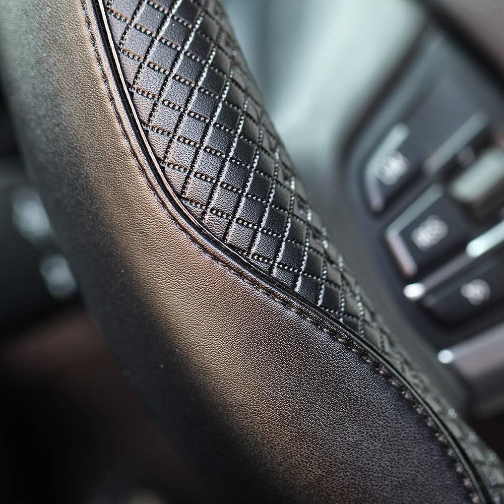 Valleycomfy 15" Genuine Leather Steering Wheel Cover - Breathable, Anti-Slip, Black with Black Lines, Size M(14.5"-15.25")