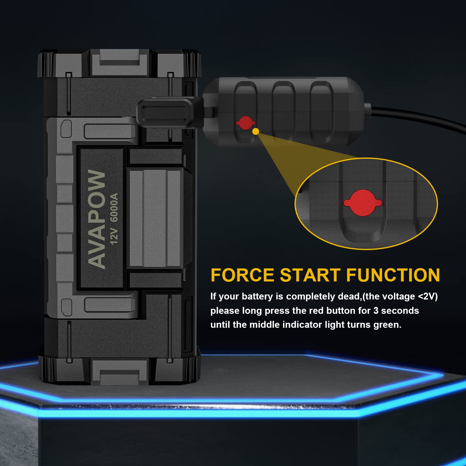 AVAPOW 6000A Car Battery Jump Starter for Gas & Diesel Vehicles, Dual USB Quick Charge, 12V with LED Light