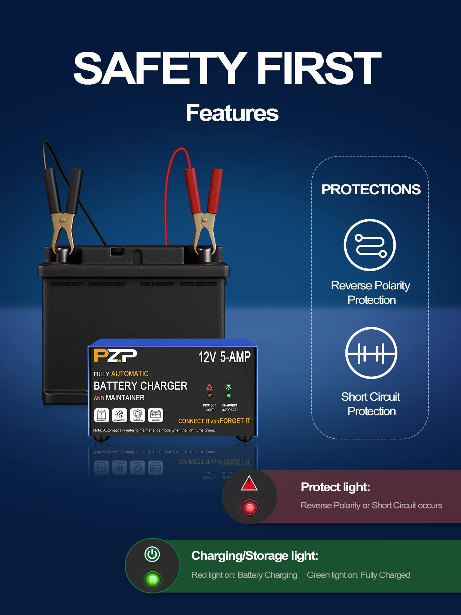 Pz.P 12V Smart Car Battery Charger, 5Amp Fully-Automatic Trickle Charger, Battery Desulfator With Auto Repair, 12 Volt Battery M