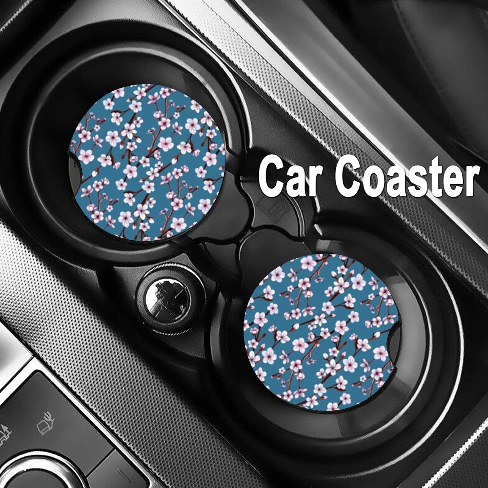 Pink Cherry Blossoms Absorbent Car Cup Coasters,Cup Holders,Cork Base Drink Coasters With Finger Notch For Easy Move Of Car Cup
