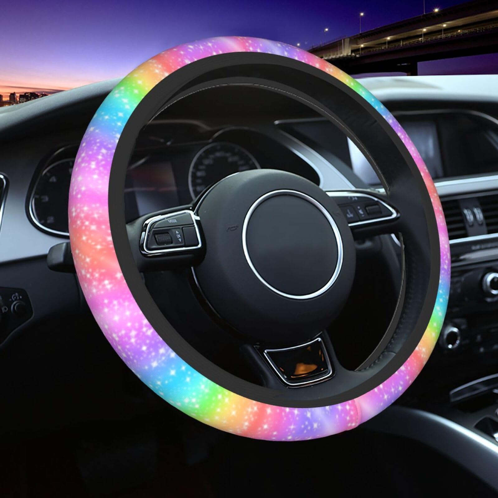 Colorful Rainbow Steering Wheel Cover Car Accessories Cute For Women Girls Girly Universal 15 Inch Neoprene Auto Interior Decor