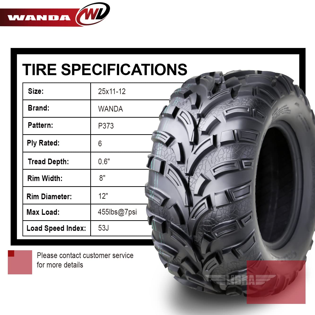 Wanda Set Of 2 New Atv/Utv Tires 25X11-12 /6Pr P373-10253...
