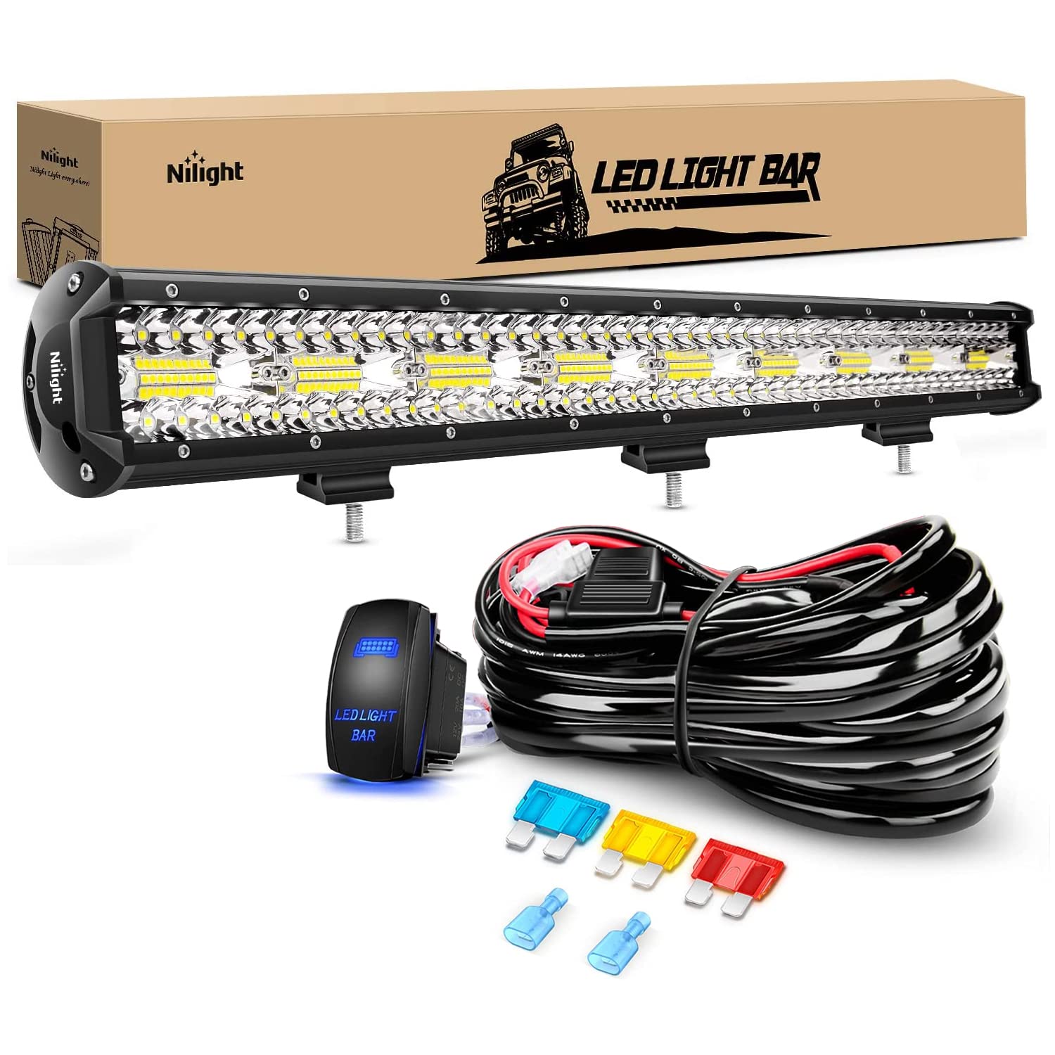Nilight 26 Inch 540W Led Light Bar Triple Row Flood Spot Combo 50000Lm Driving Boat Led Off Road Lights With 12V On/Off 5 Pin Ro