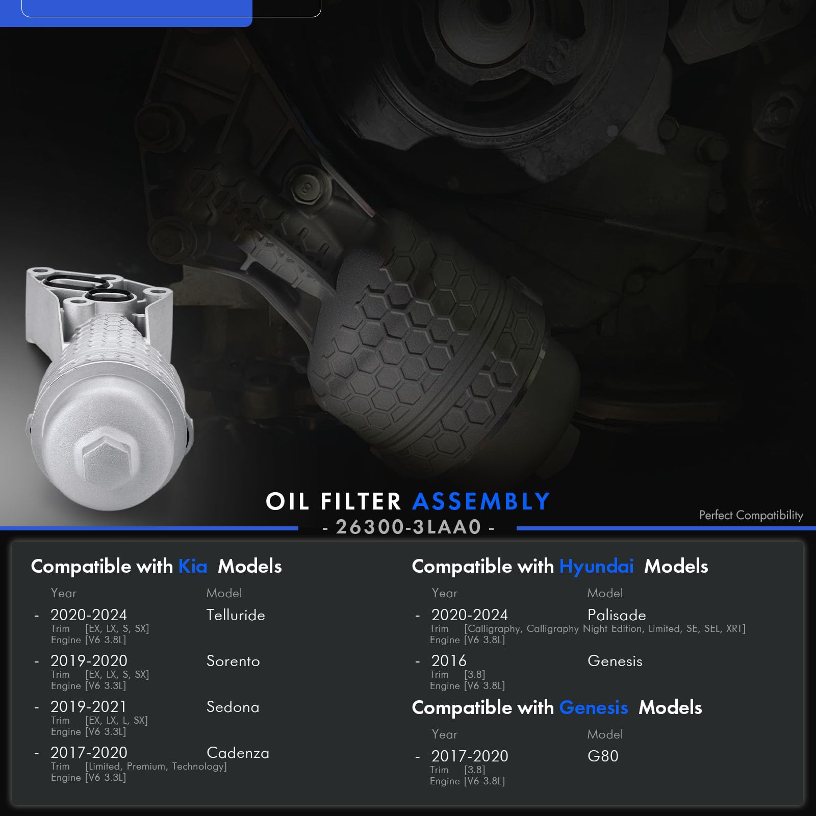 RANHAOYUYUL Aluminum Oil Filter Assembly Kit for Hyundai Palisade, Genesis G80, Kia Telluride, Silver, Model 26300-3LAA0