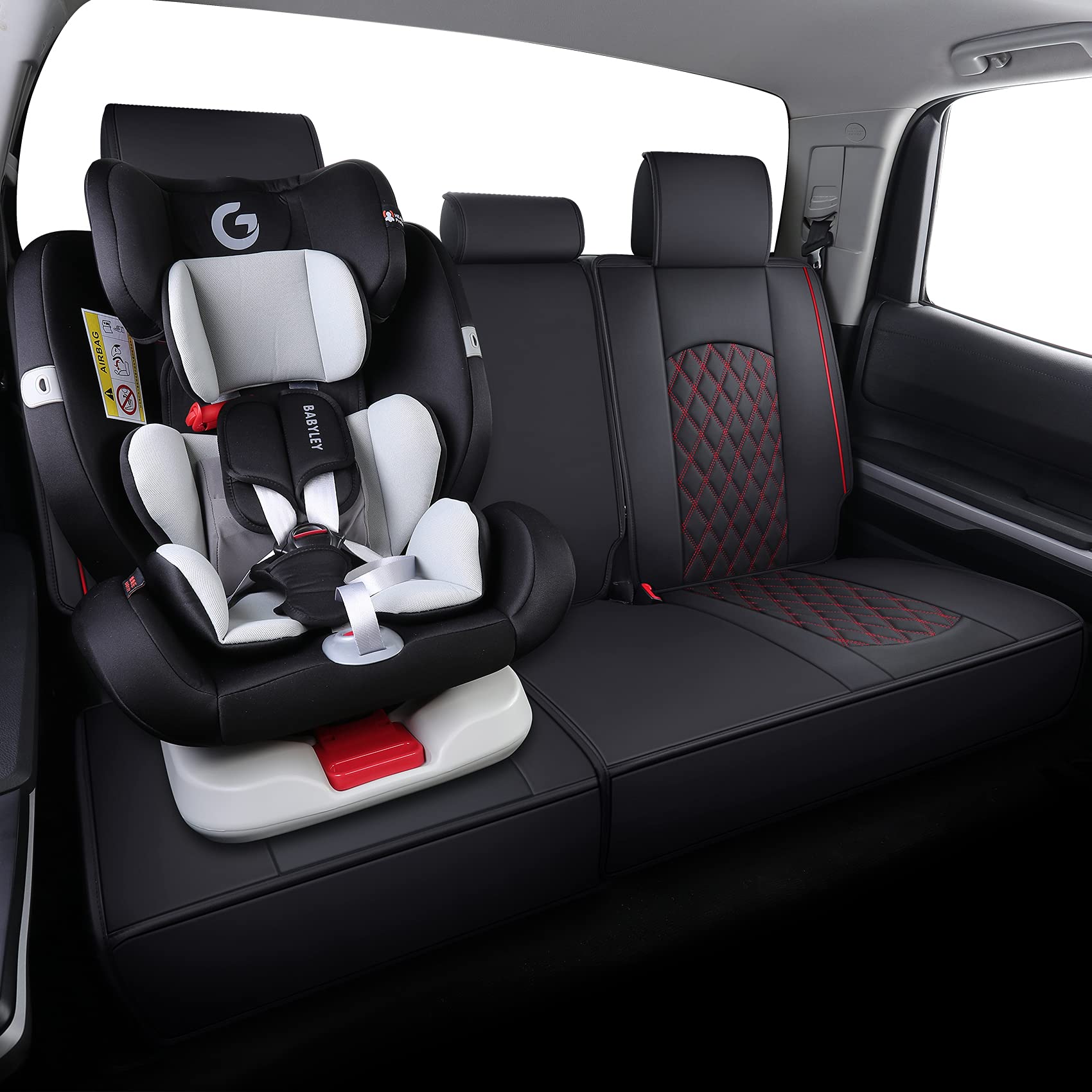 YIERTAI Back Seat Covers for 2008-2026 Tundra Crewmax & Double Cab, Waterproof Faux Leather, Black-Red, Model CP-YGTT-HP