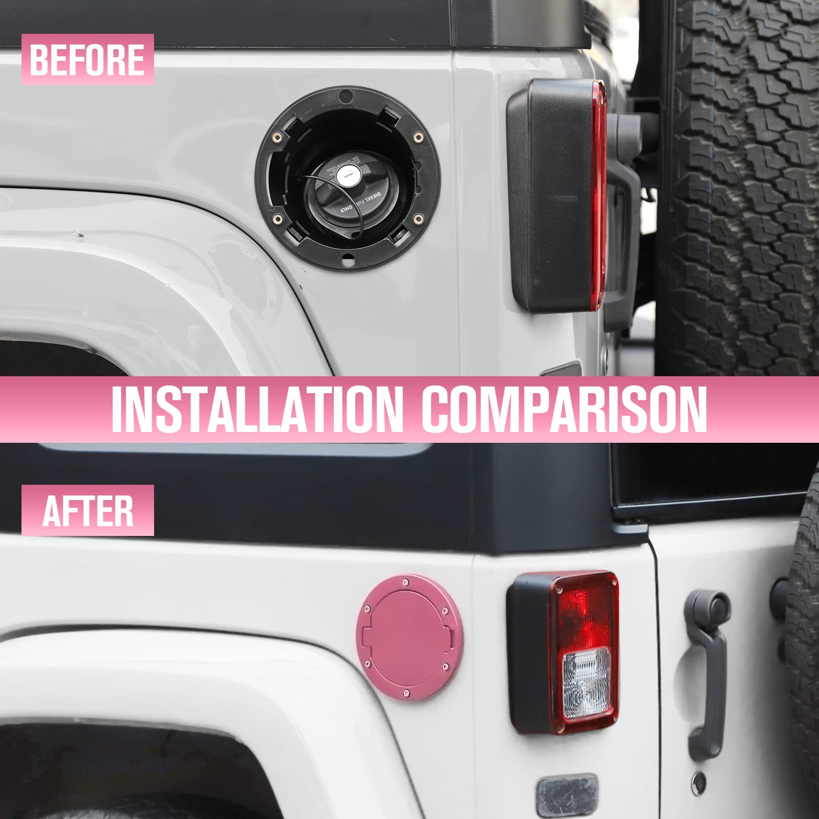 JeCar JK Fuel Filler Cover - Aluminum Alloy Gas Cap for Jeep Wrangler 2007-2018, Pink, Model JCS121
