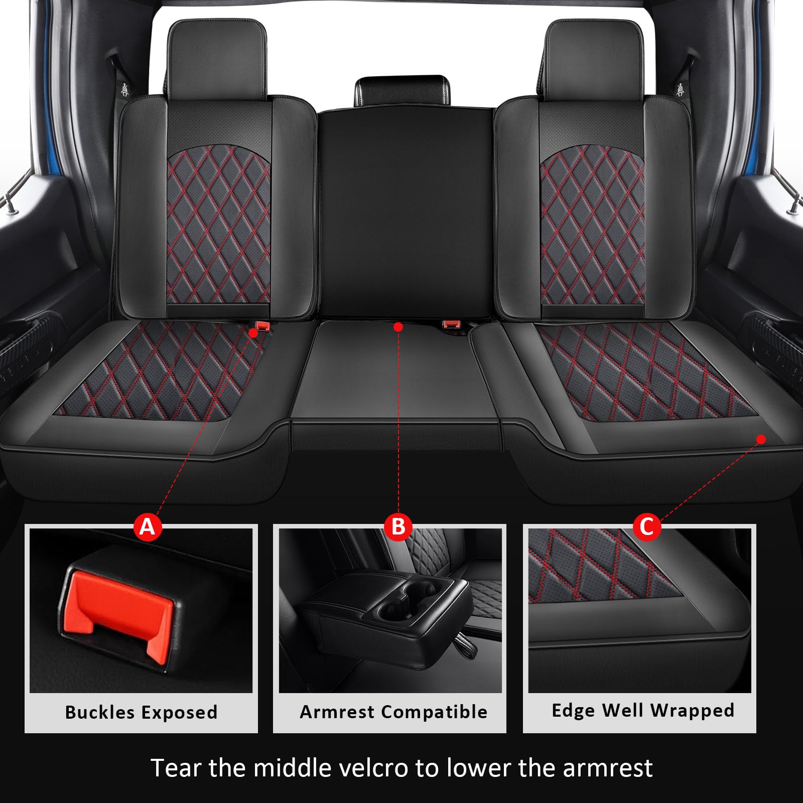 MIROZO Faux Leather Ram Truck Seat Covers Full Set, Black and Red, Compatible with 2009-2024 Ram 1500 2500 3500 Crew Quad Cab