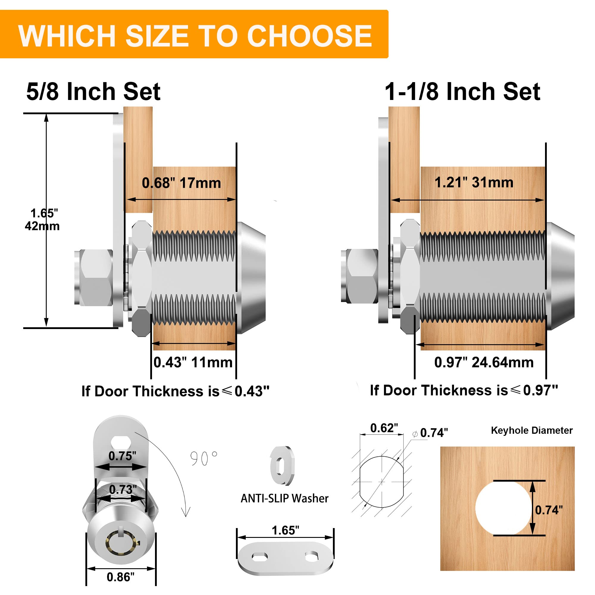 BOZXYE Cabinet Locks with Keys, 5/8" Tubular Cam Lock, Zinc Alloy, Keyed Alike, Silver, 1 Pack