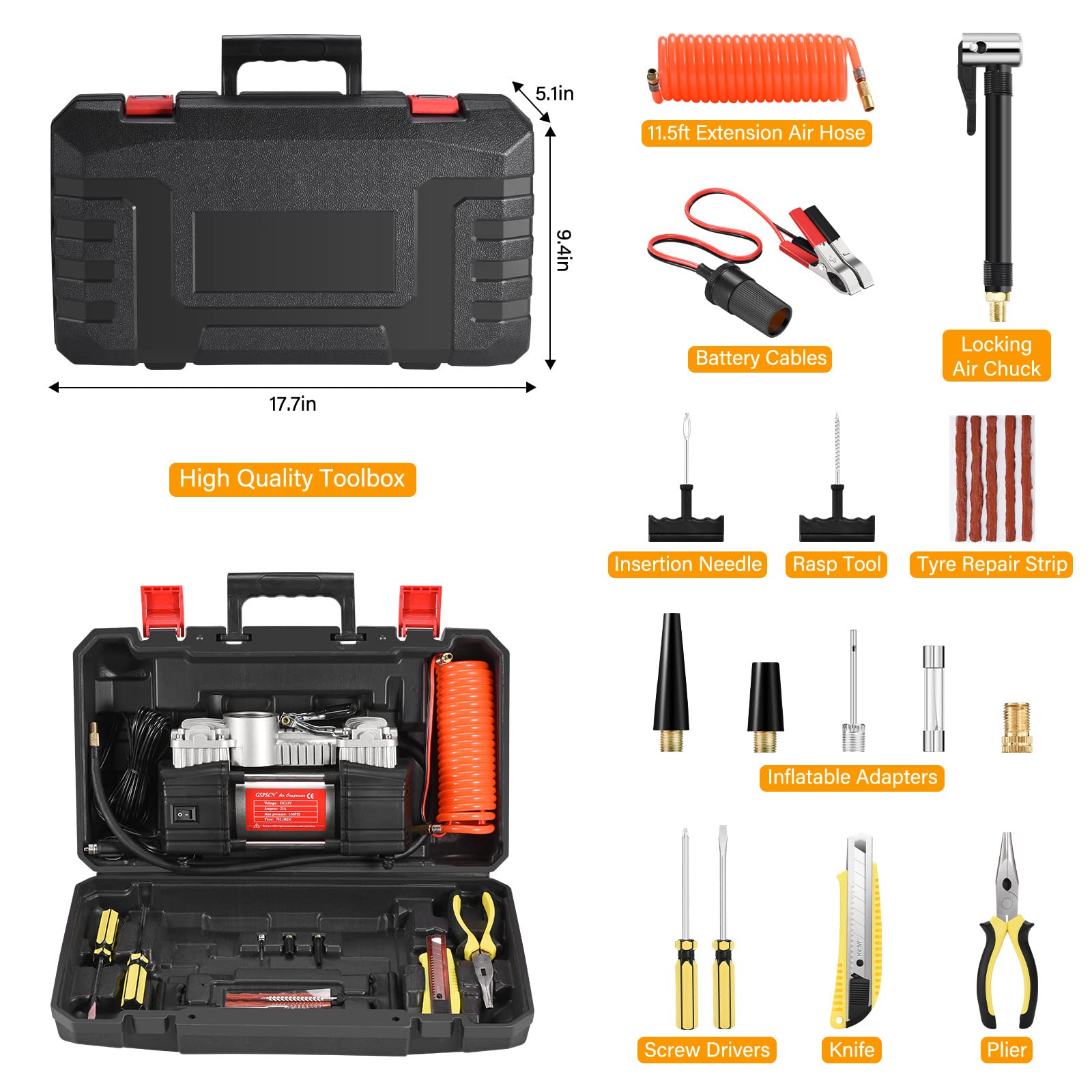 Gspscn Portable Air Compressor Pump Tire Inflator With Digital Gauge, Heavy Duty Double Cylinder 12V Tire Pump 150 Psi With Tire Repair Kit And Toolbox For Auto,Suv,Off-Road,Truck,Bike