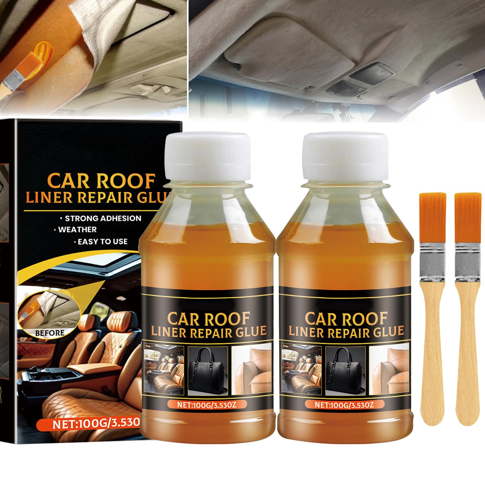 Headliner Repair Glue 100ml, Car Roof Liner Quick Repair Adhesive Glue, Car Roof Fabric Adhesive,Upholstery Glue for Cars(2pcs)