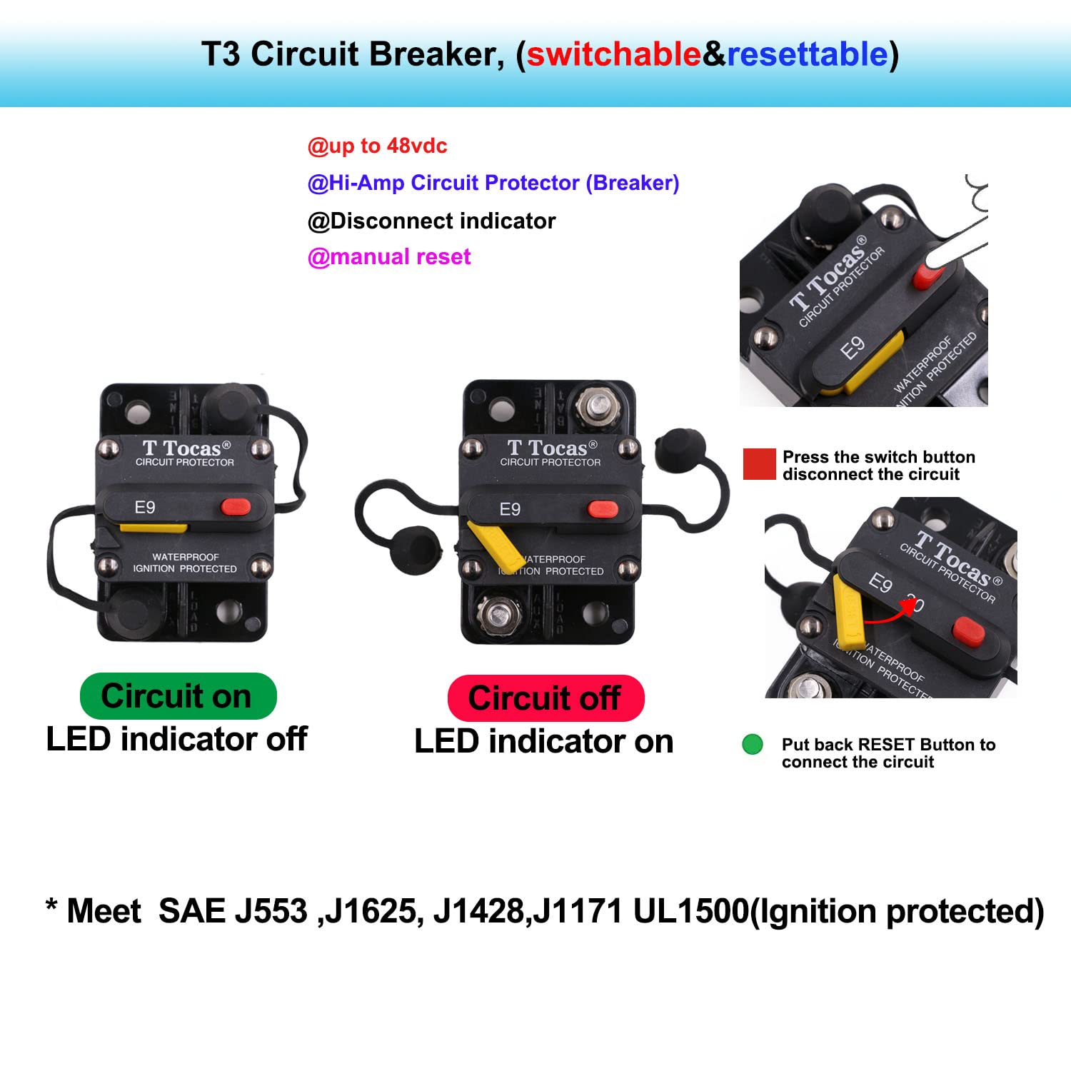 T Tocas 100A Surface Mount Circuit Breaker With Led Indication,12V - 48V Dc Waterproof Ip67 Protection With Manual Reset For Car