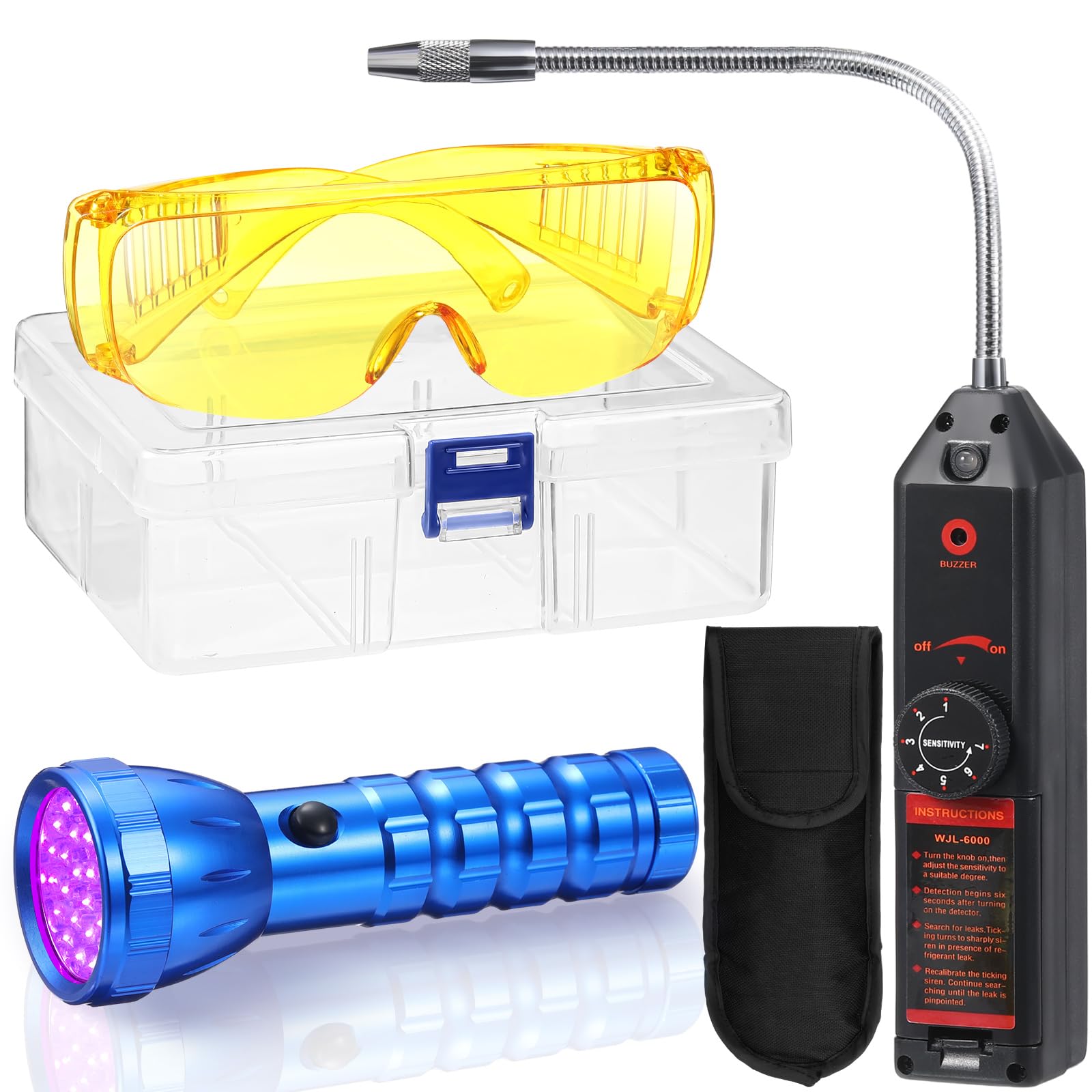Glooglitter Auto Air Conditioner Leak Detector Tool WJL-6000 Refrigerant Leak Detector with UV Flashlight and Yellow UV Protecti