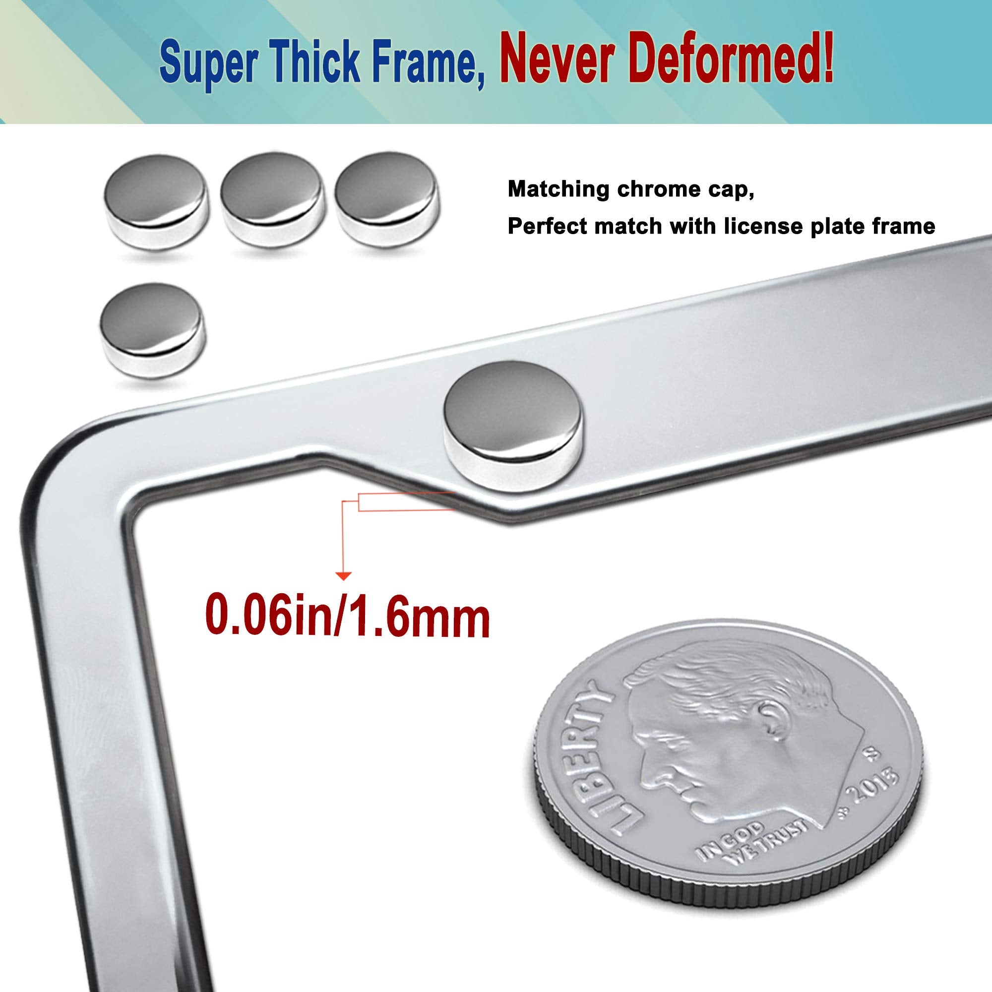 YoUoY Stainless Steel License Plate Frame - 2 Pack, Chrome Caps, Heavy Duty, Rustproof Car Tag Cover