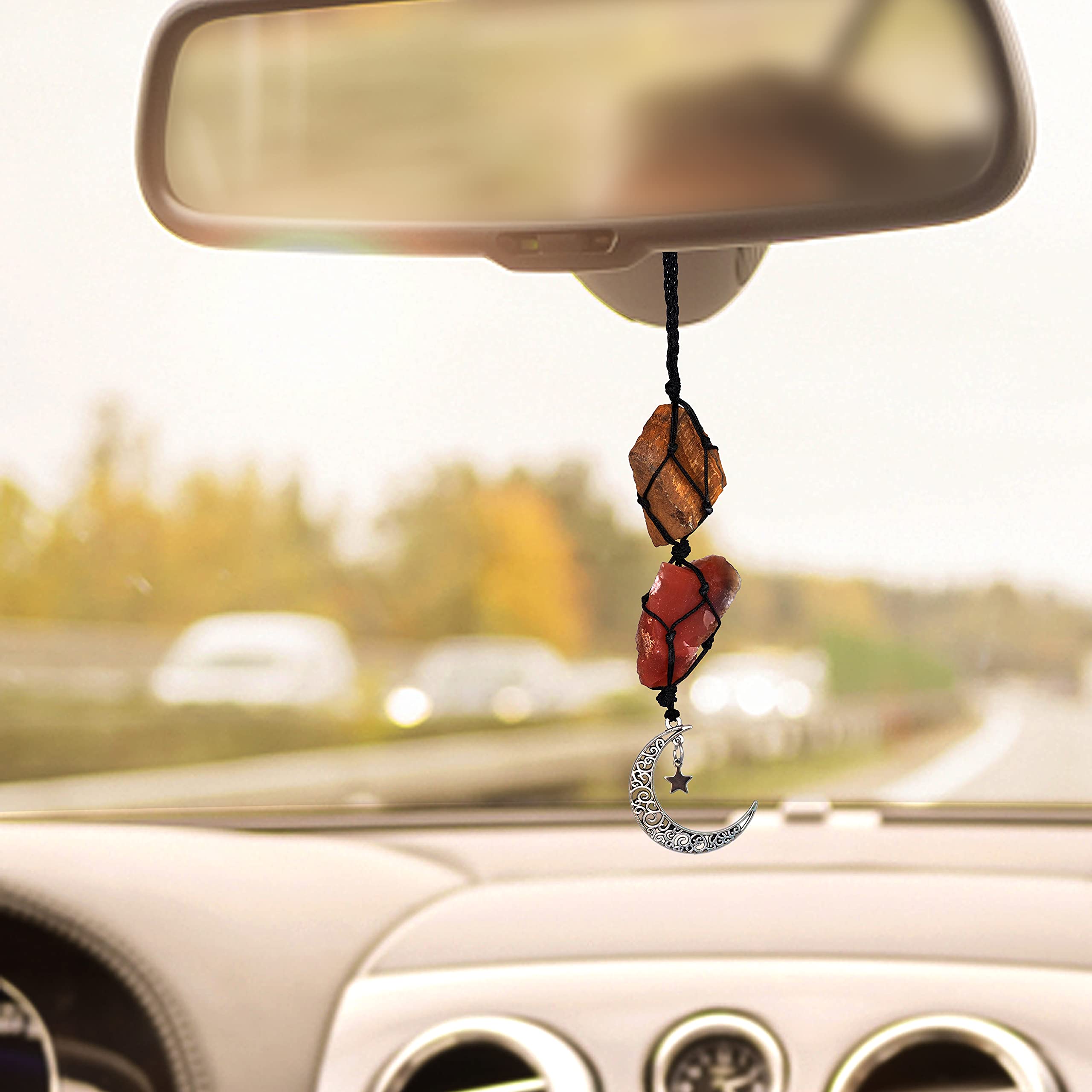 Boho Garden Hanging Car Charm - Tiger'S Eye & Carnelian - Dangling Moon, Healing Crystal Accessories, Rearview Mirror Decorations - Courage, Harmony, Resilience, Transformation, Joy Of Life, Energy
