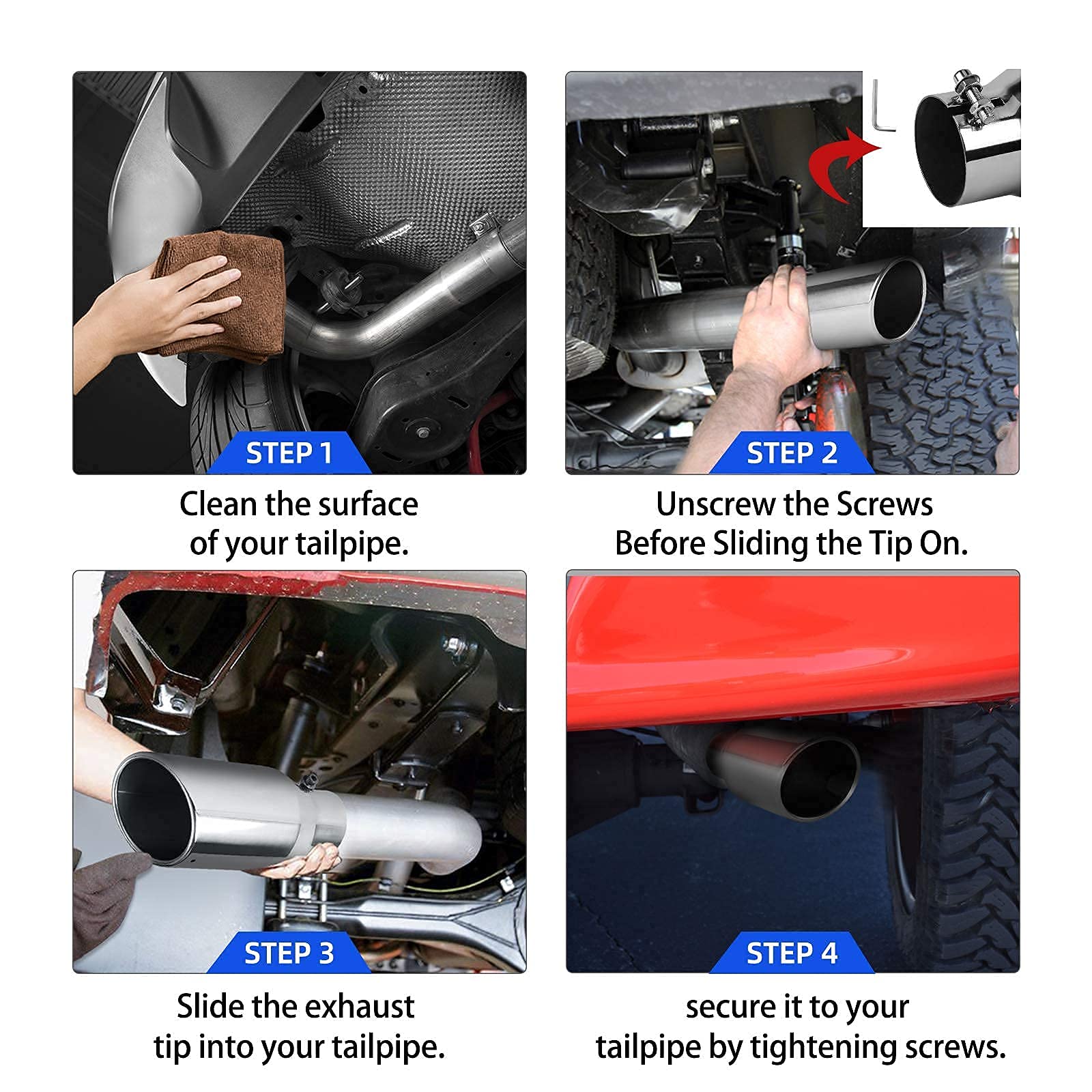 AUTOSAVER88 Exhaust Tip - 2.5" Inlet, 4" Outlet, 9" Long, Chrome-Plated Stainless Steel, Rolled Angle Cut, Bolt-On, Silver