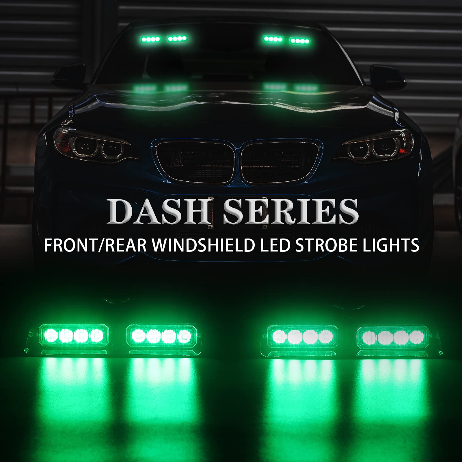 XRIDONSEN 2 in 1 Green Emergency Dash Strobe Lights, 16 LED, 2x7.16 inch, Suction Cups for Police Vehicles, Trucks