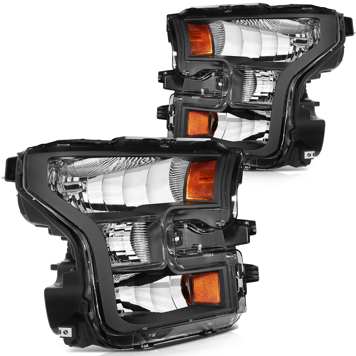 LBRST Headlight Fit 2015-2017 for F-150 Black Housing Amber Reflector Pair Headlight Assembly FO2502335