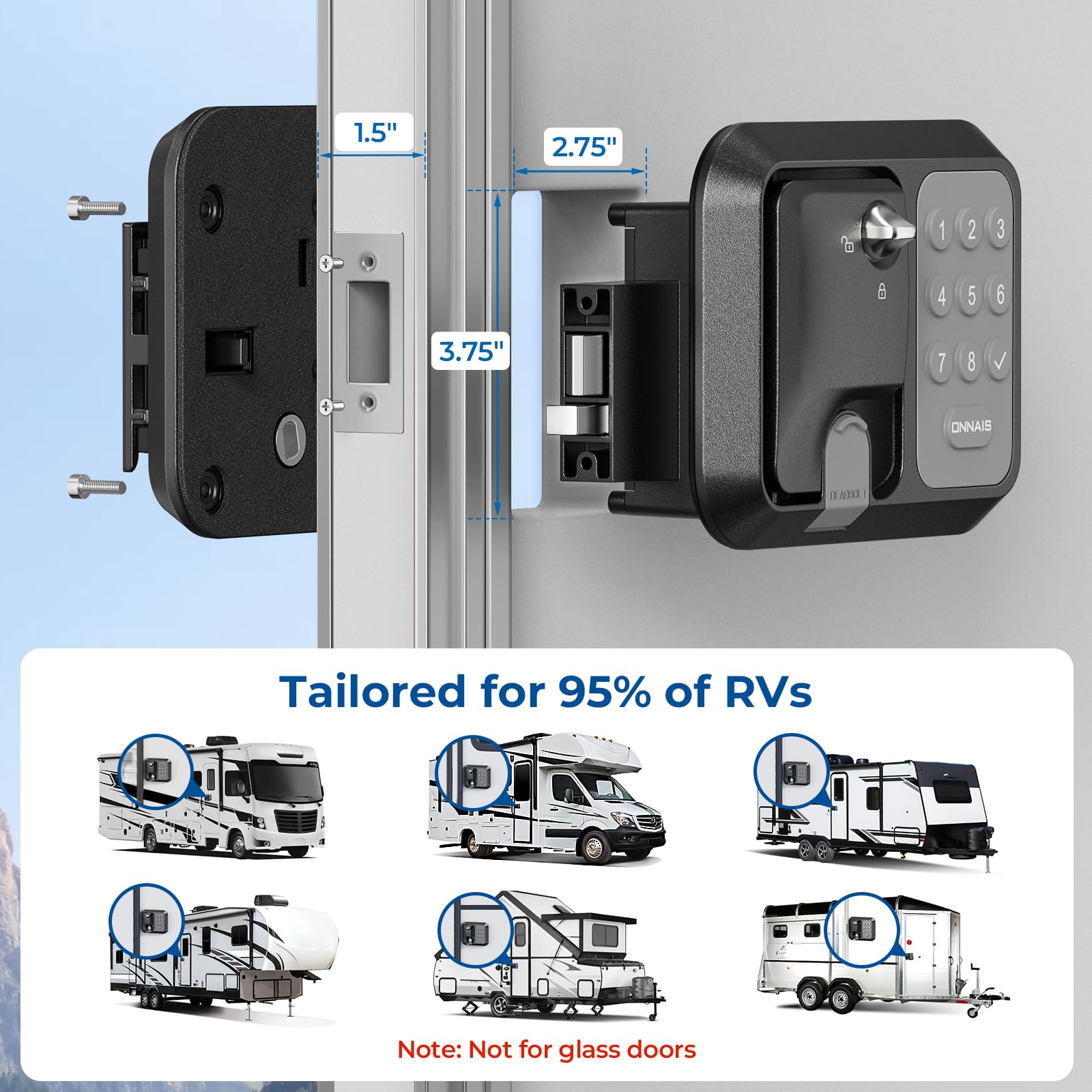 ONNAIS Keyless RV Door Lock - Full Metal, Password & Remote, Black, Model W007