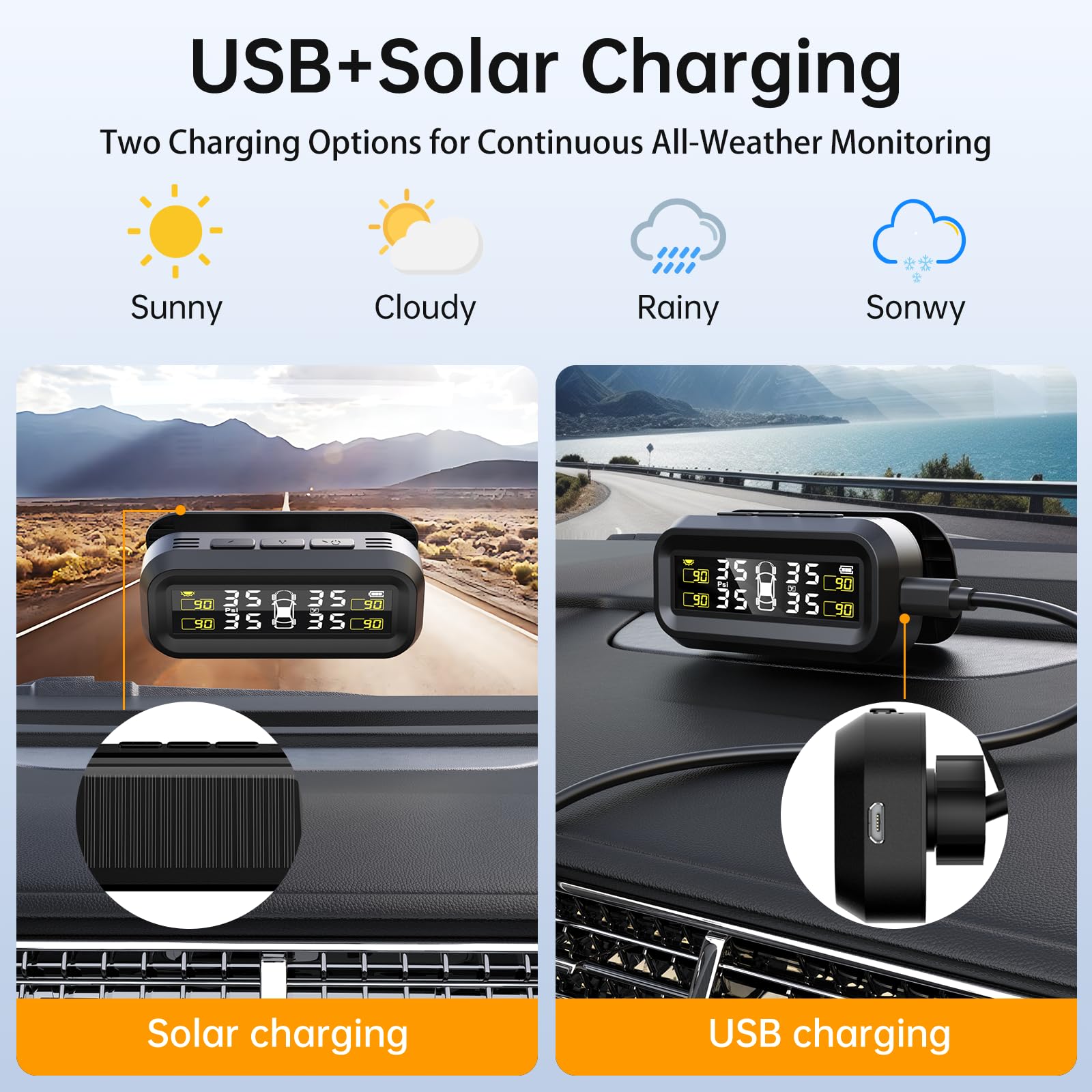 SEACOT SEACOT Solar TPMS Tire Pressure Monitoring System - Professional Edition (0-87 PSI), 4 Sensors, Solar and USB Charging, L