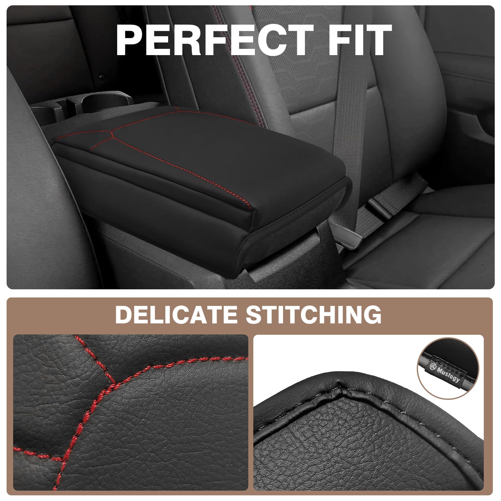 Muslogy Center Console Armrest Cover for Chevrolet Colorado/GMC Canyon 2023-2026, Extra Thick Red Stitching, Model MUS-ACEXTRA-4