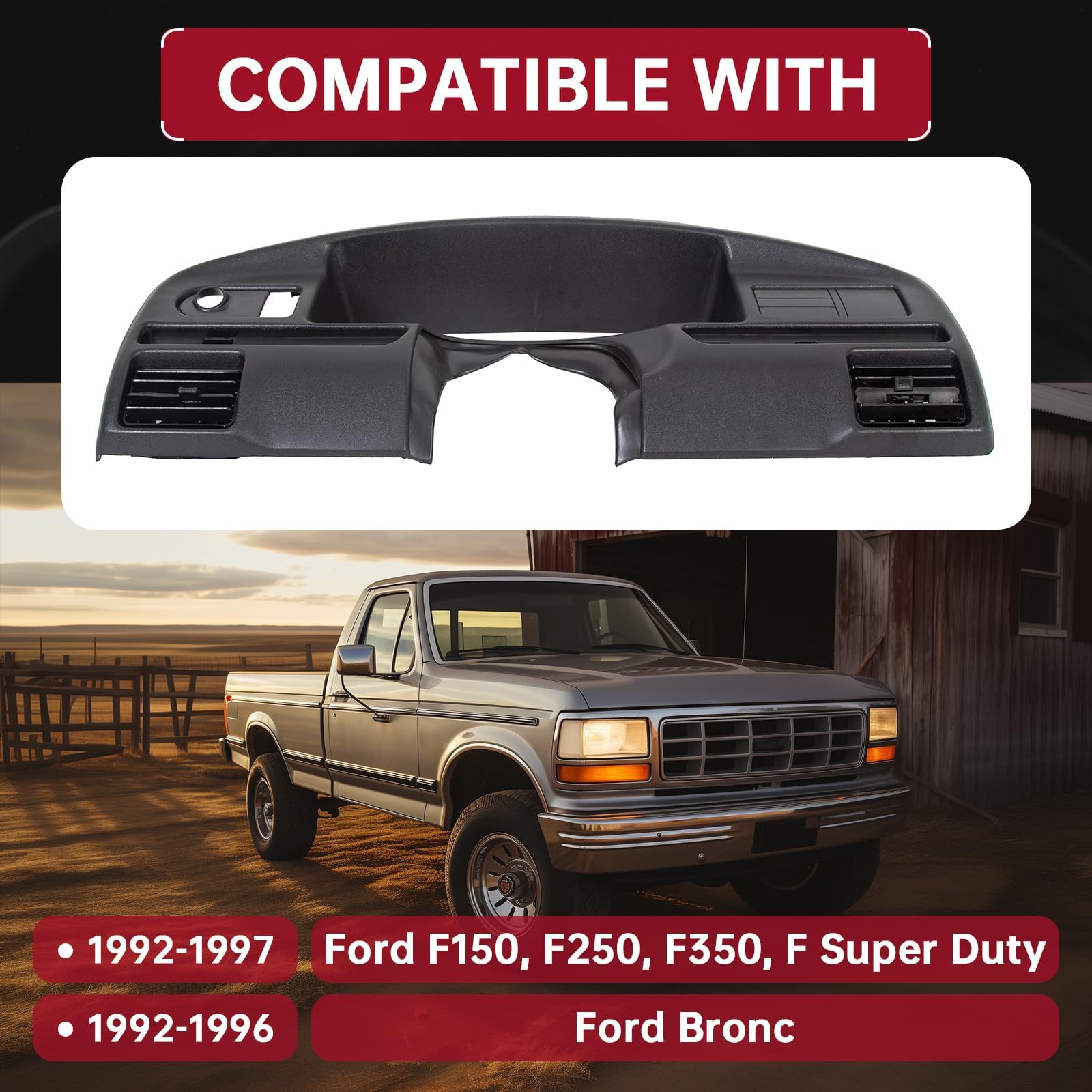 HECASA Dash Panel Bezel Cover Compatible with 1992-1997 Ford F250 F350 Bronco Replacement for F2TZ-15044D70-A (Gas Engines ONLY)