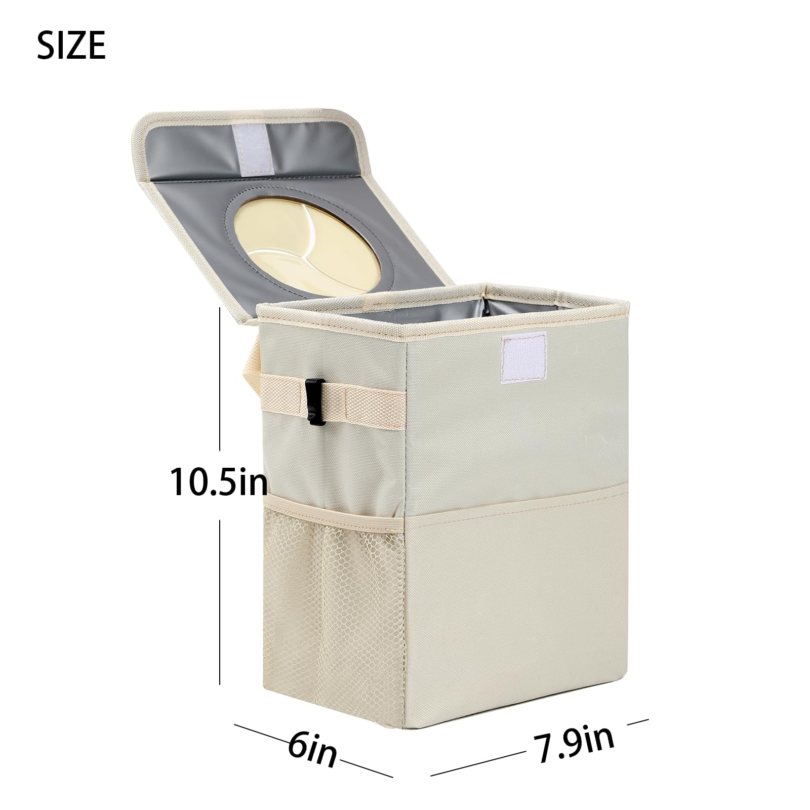 AOKJOY Car Garbage Can - Leak Proof, Waterproof, Beige, L, with 3 Storage Pockets for SUV