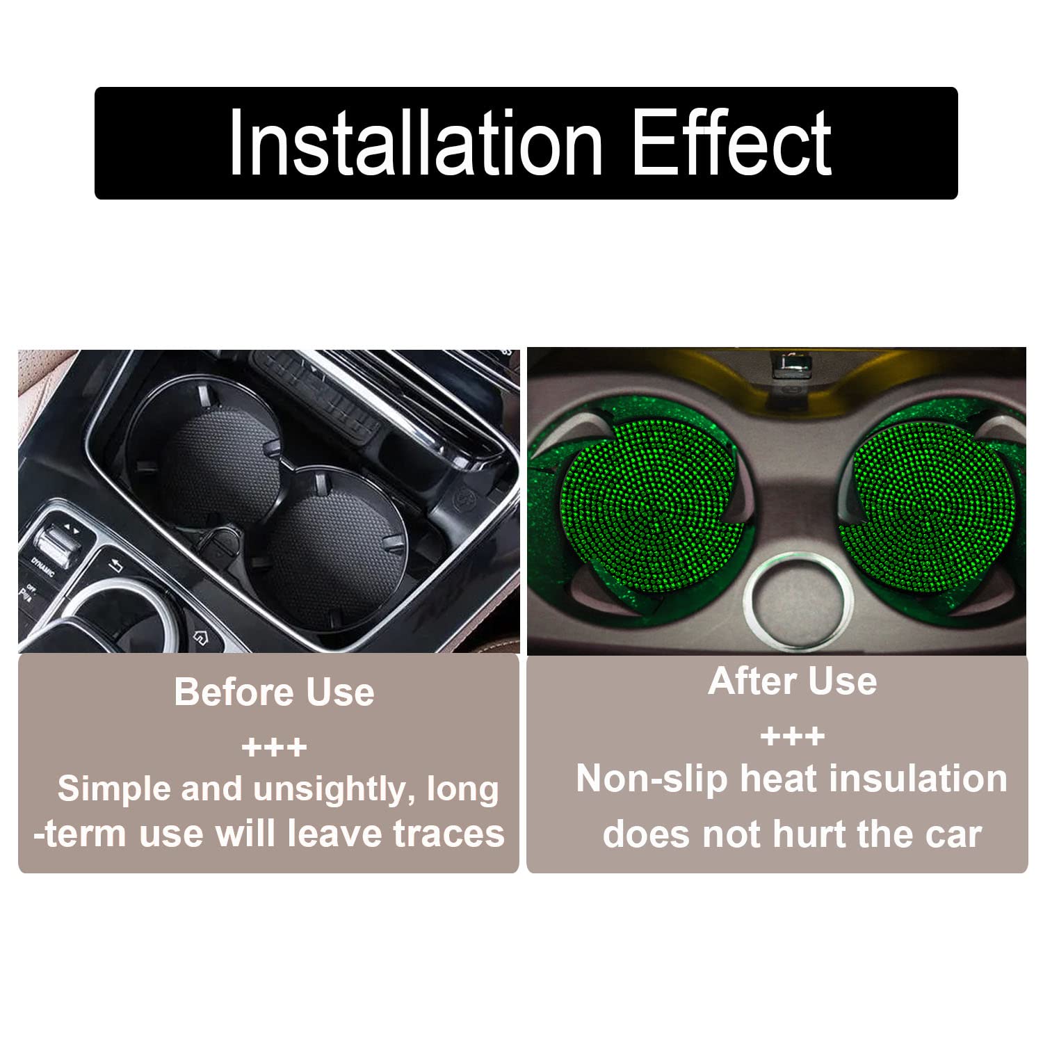 2Pcs Bling Cup Holder Insert Coaster- 2.75 Inch Silicone Anti-Slip Shockproof, Universal Fashion Car Interior Accessories For Women (Green)