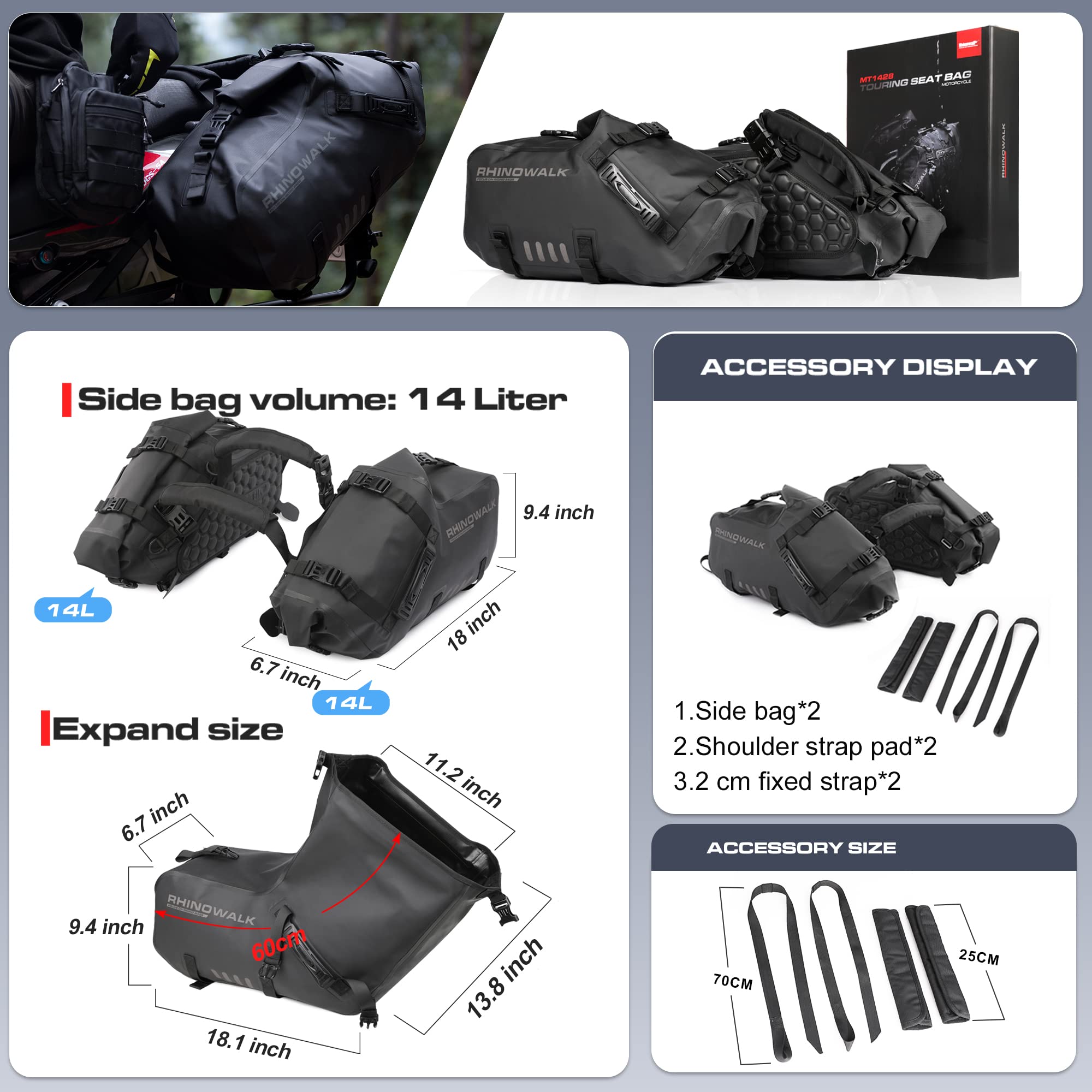 Rhinowalk Motorcycle Saddle Bags, Waterproof 28L PVC, Black, Model MT1428, Suitable for Adventure & Sport Motorcycles