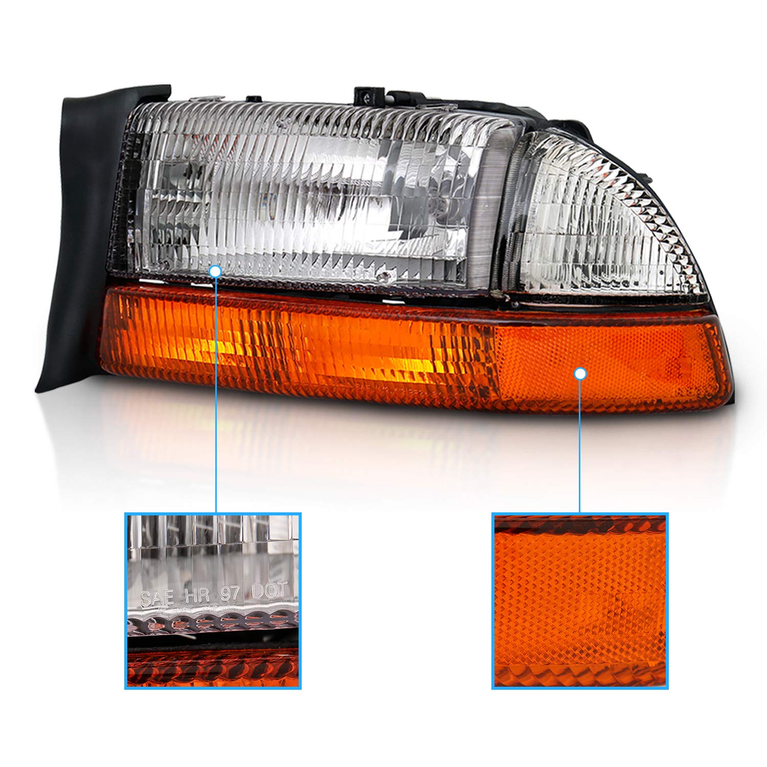 AmeriLite Chrome Headlights Parking Turn Signal Sets for Dodge Dakota/Durango, Pair, Factory Style, Model SUVELAM
