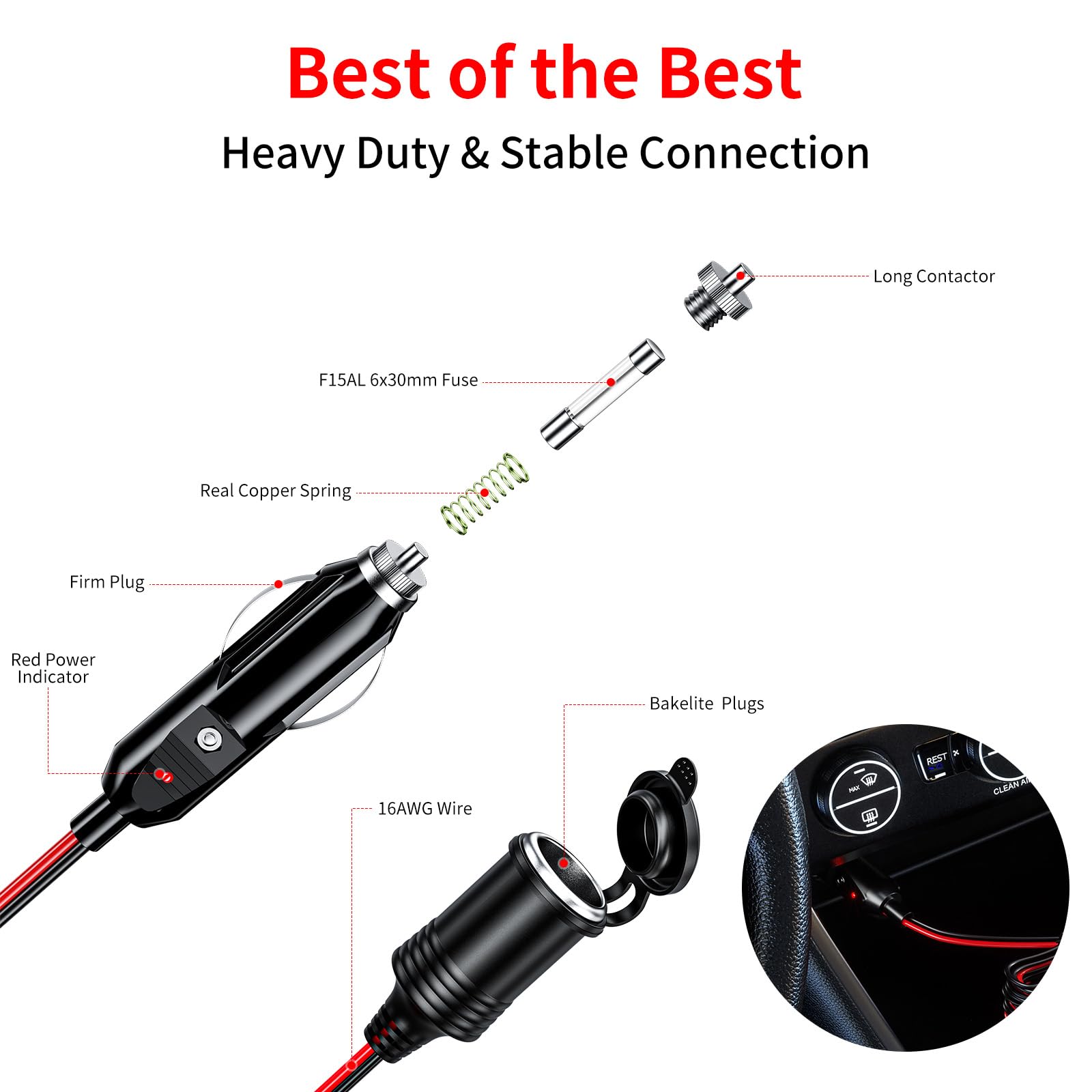 KEWIG 12/24V Car Cigarette Lighter Extension Cord - 4.9FT Cigarette Lighter Plug Cable- 16AWG Heavy Duty Extension Cable with 15