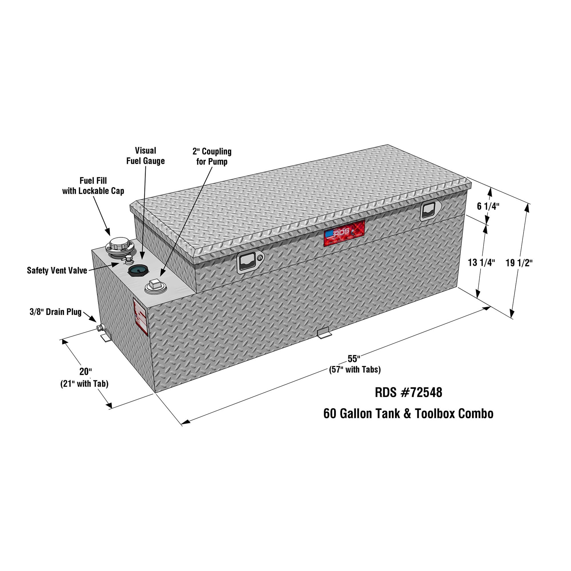 Rds Mfg Inc - 72548 Fuel Transfer Tank/Auxiliary Fuel Tank/Toolbox Combo - 60 Gallon