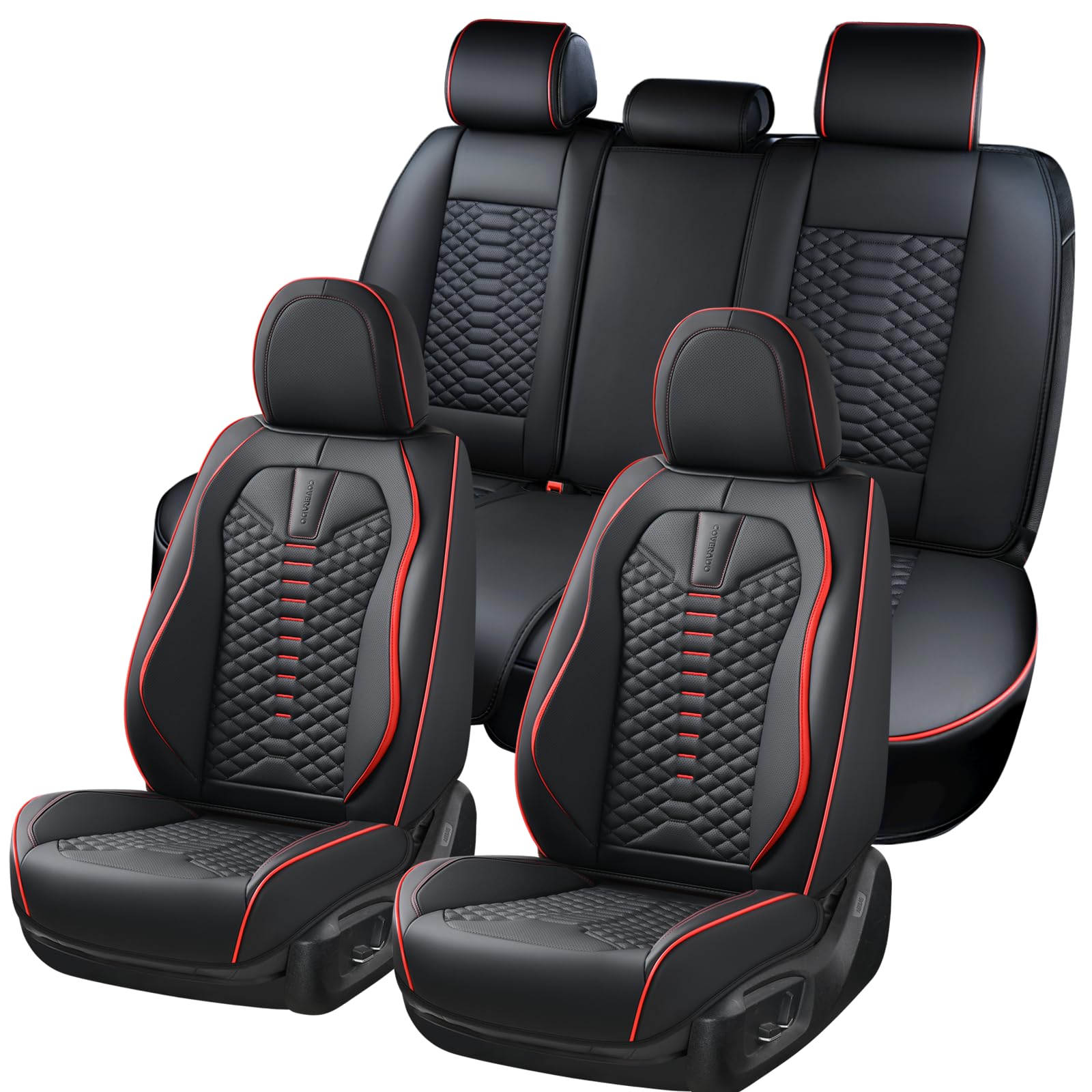 Coverado Full Set Waterproof Nappa Leather Car Seat Covers, Universal Fit for 5 Seats, Black&Red, Model SCU026