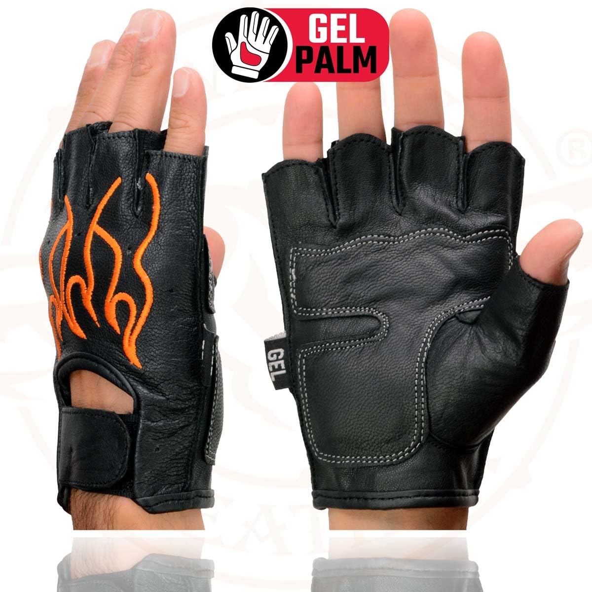 Milwaukee Leather SH198 Men's Black Leather Gel Padded Palm Fingerless Motorcycle Gloves w/Orange Flame Embroidery - Large