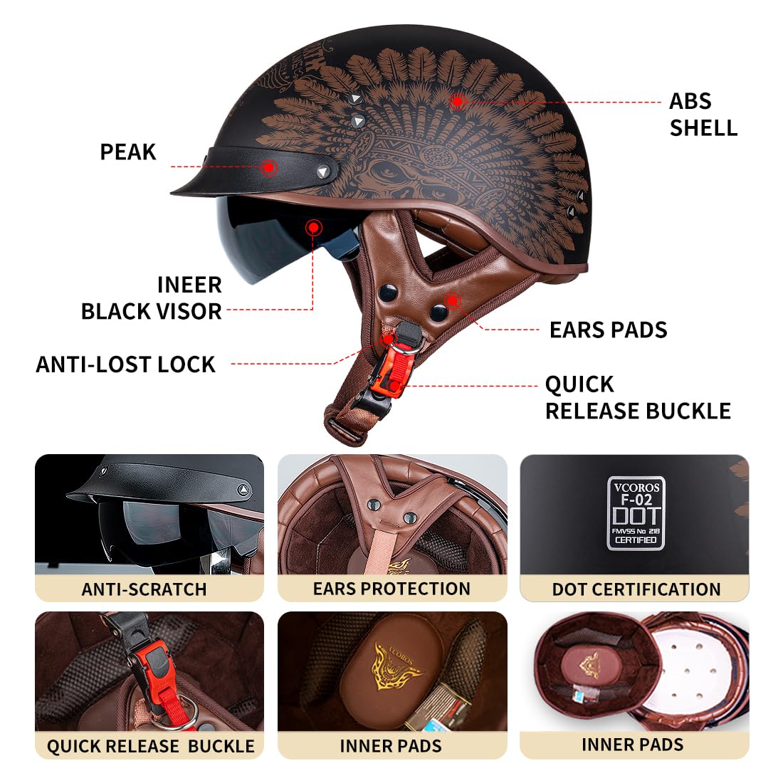 Motorcycle Half Helmet Sun Visor Quick Release Buckle Dot Approved Half Face Helmets For Men Women (F02-Indian, S)