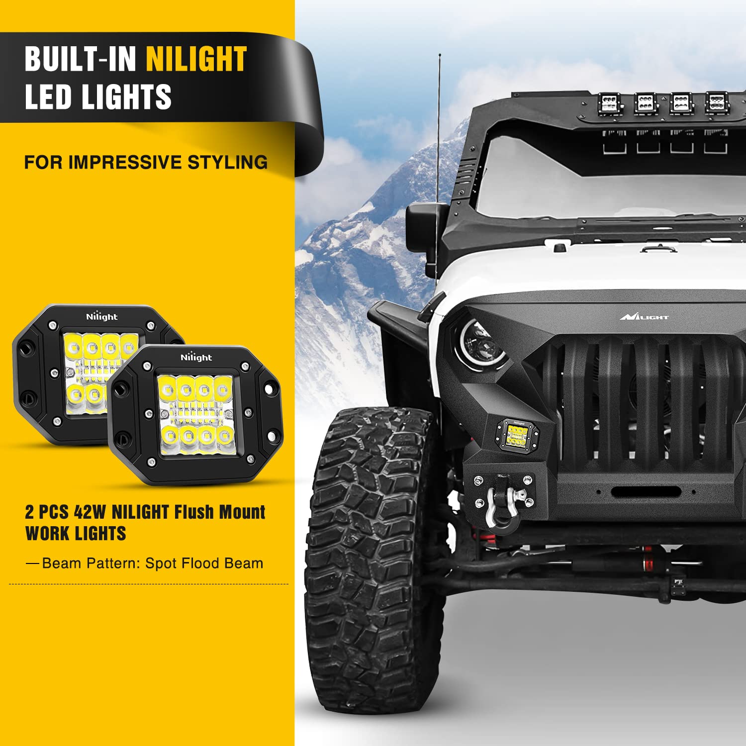 Nilight Wrangler JK Front Bumper Grill with Winch Plate & 2x42W LED Pods, Textured Black, Solid Carbon Steel, Model JK-82B