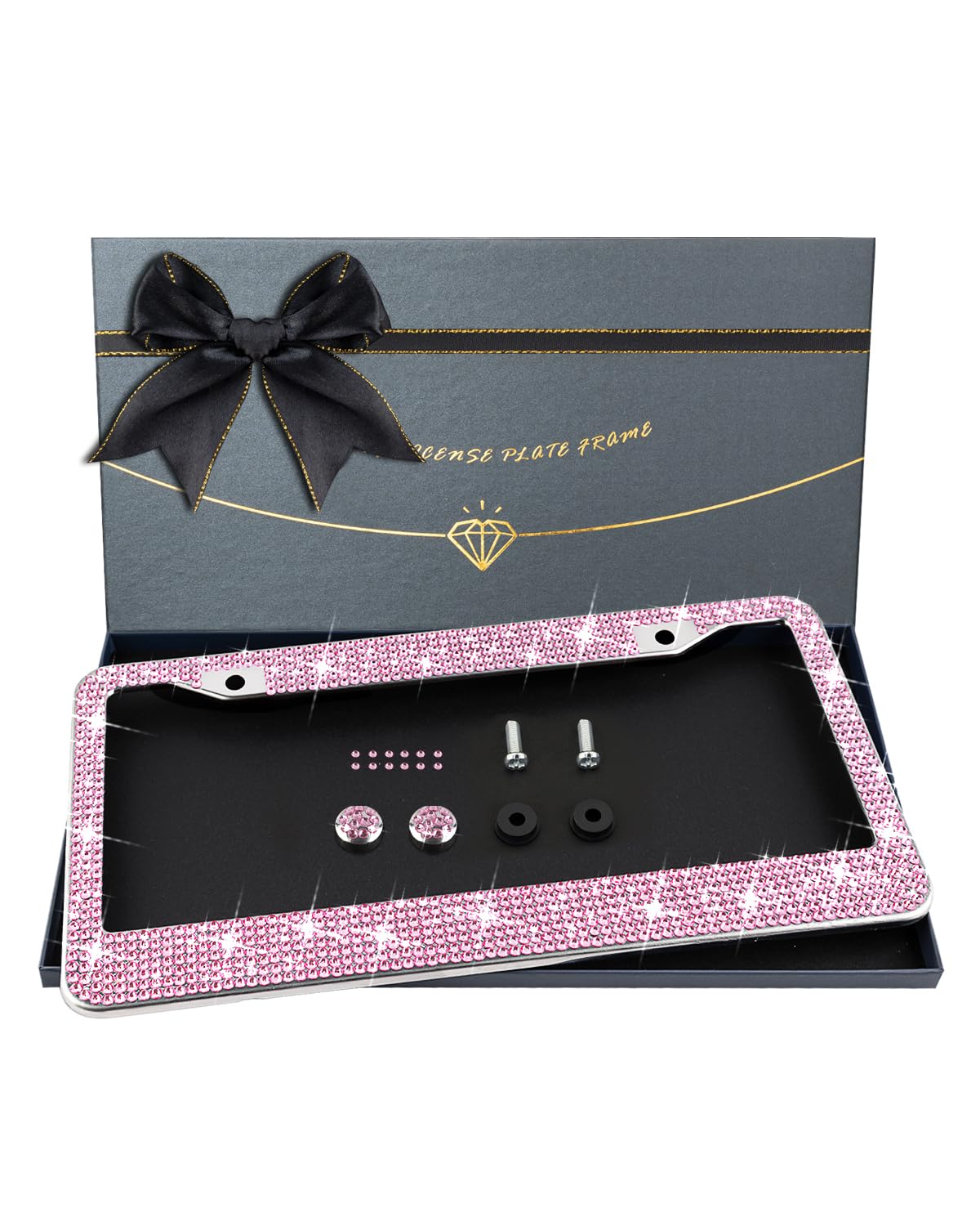 Xclpf Pink Bling License Plate Frames For Women,Handcrafted Clear Glass Diamond Rhinestone Crystals,Sparkly Premium Stainless St