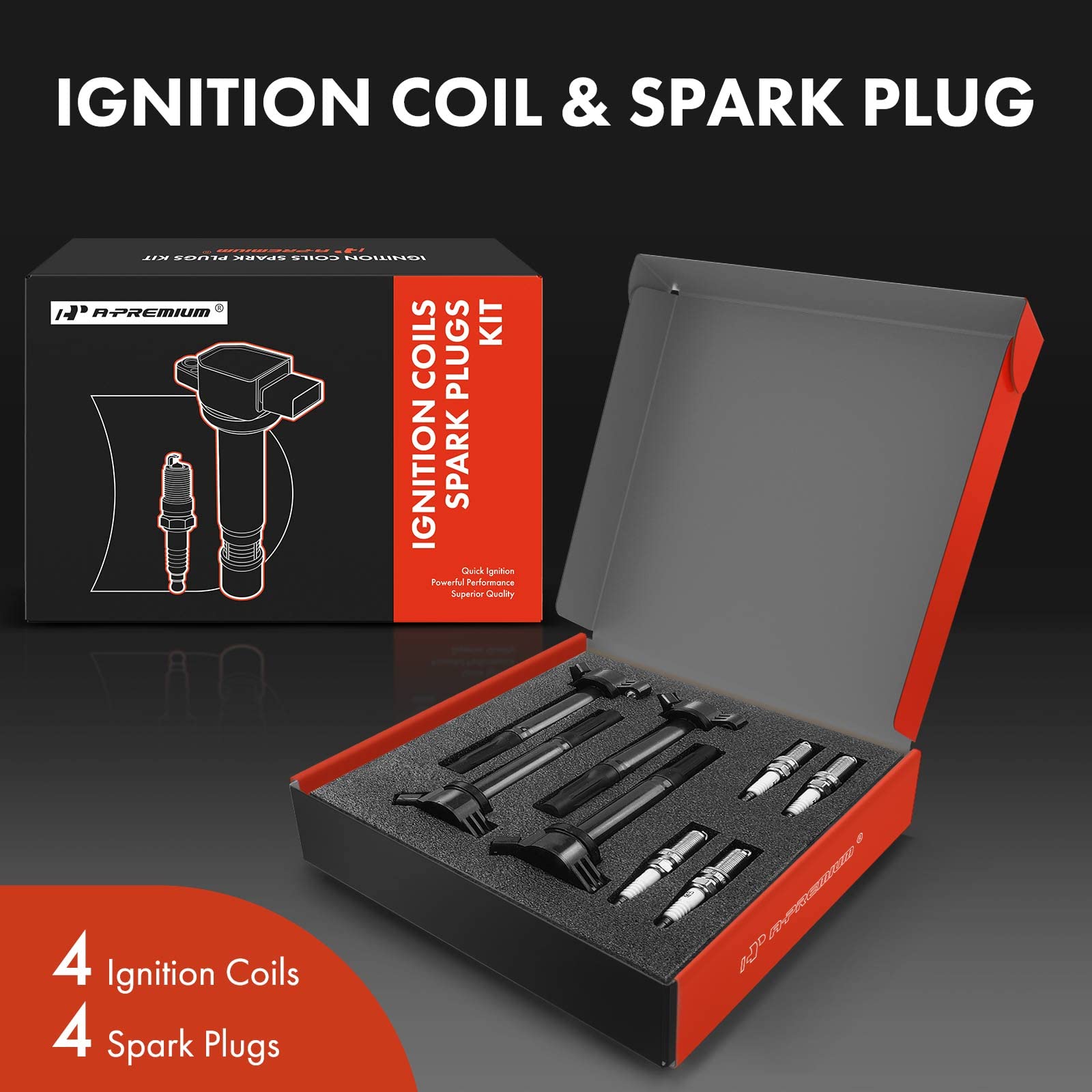 A-Premium Ignition Coil Pack & Iridium Spark Plugs Set for Toyota Camry, RAV4, Sienna, L4 2.5L/2.7L, Black,