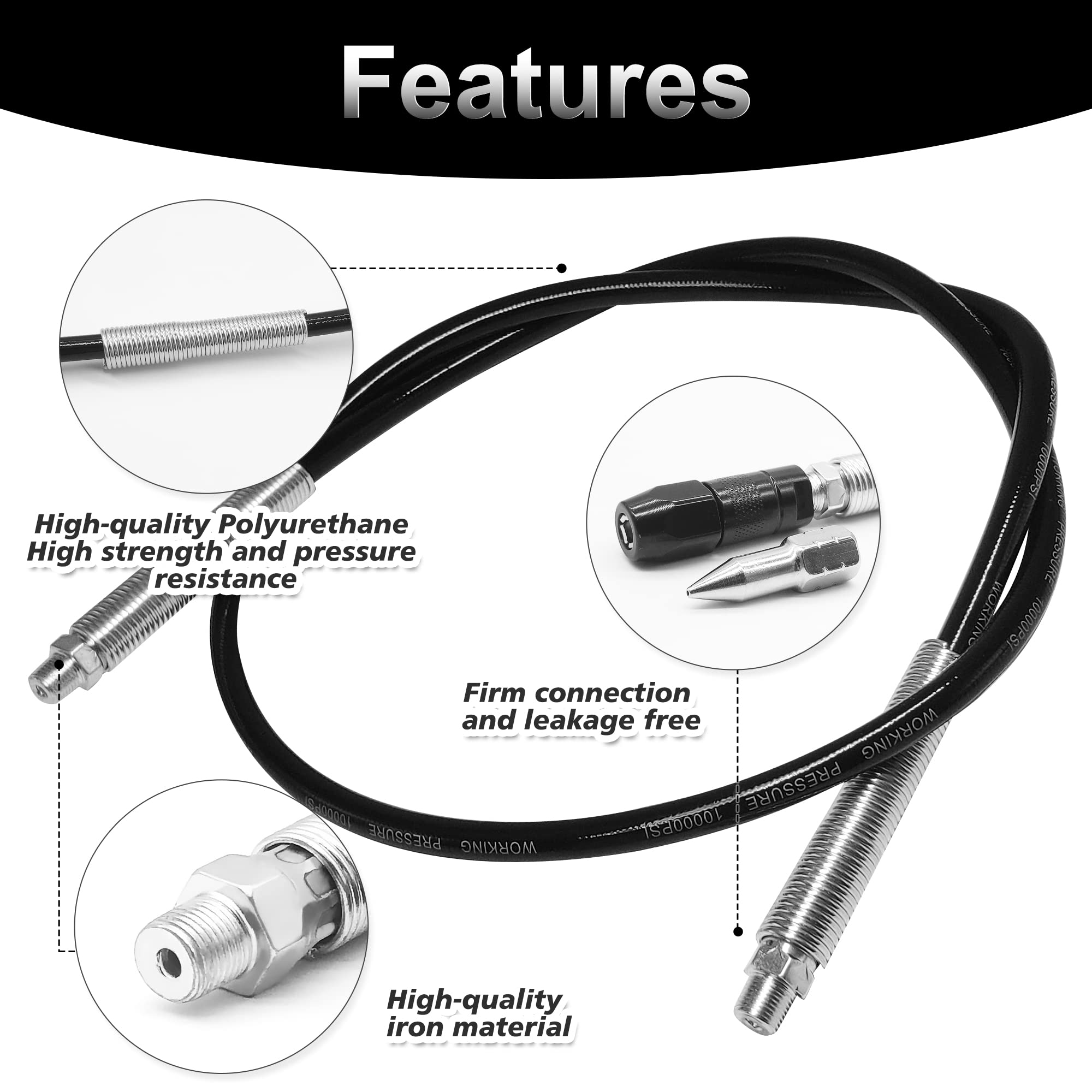 4-Piece Grease Gun Hose Kit, Grease Gun Accessories Set Includes 47In Flex Grease Hose Extension, 4-Jaw Standard Grease Couplers