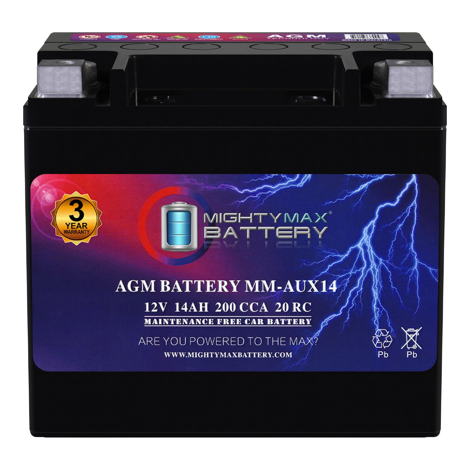 Mighty Max Battery MM-AUX14 Auxiliary Battery 12V 14Ah, 20RC, 200 CCA Rechargeable AGM Car Battery