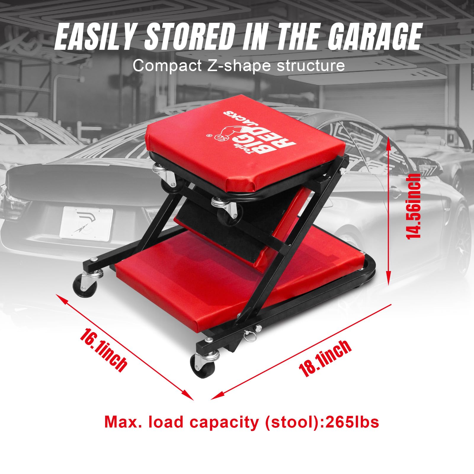 BIG RED 36" Foldable Z-Creeper Seat - 2-in-1 Garage Creeper with 6 Wheels, 300 Lbs Capacity, Red, Model ATR6036ZER
